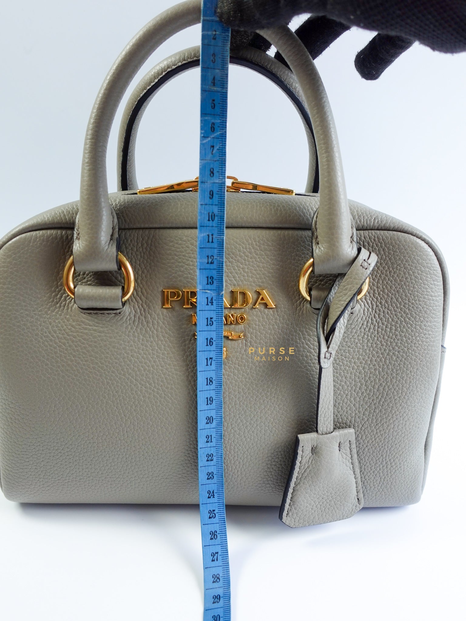 1BB108 Bauletto Gray Vitello Phenix in Gold Hardware | Purse Maison Luxury Bags Shop