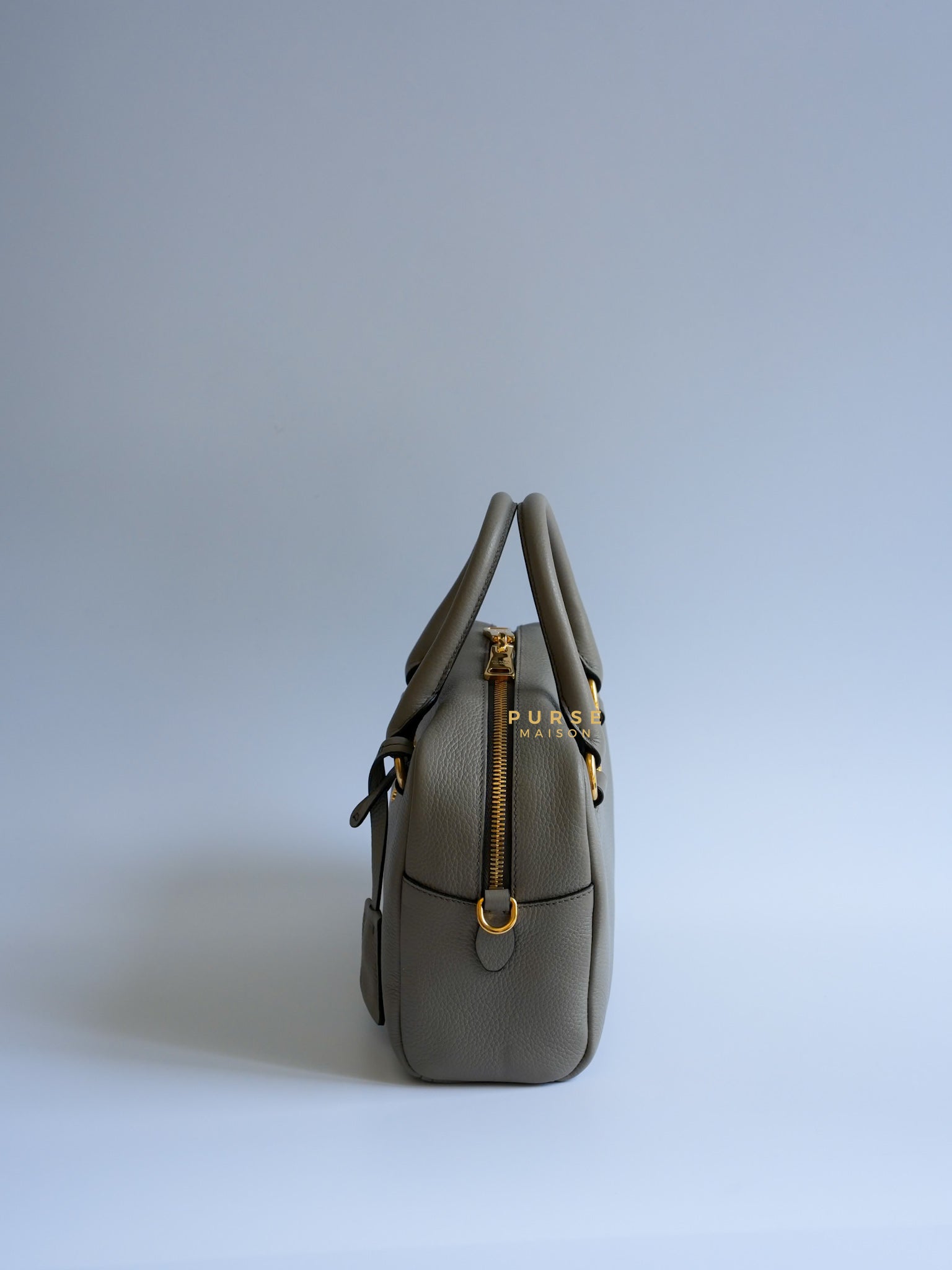 1BB108 Bauletto Gray Vitello Phenix in Gold Hardware | Purse Maison Luxury Bags Shop