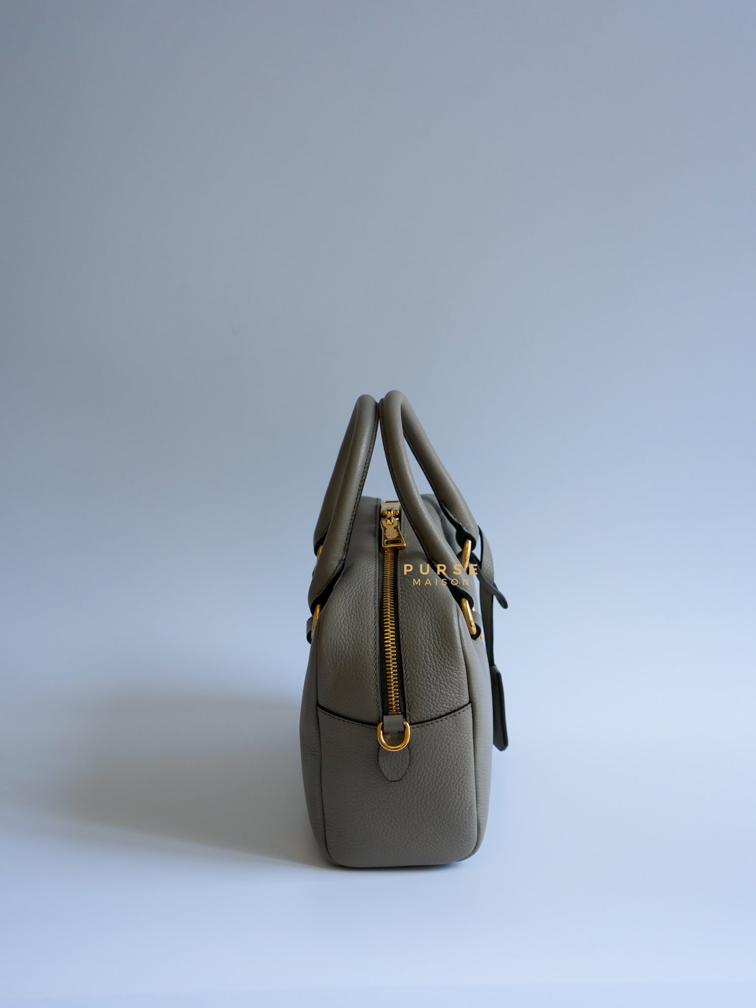 1BB108 Bauletto Gray Vitello Phenix in Gold Hardware | Purse Maison Luxury Bags Shop