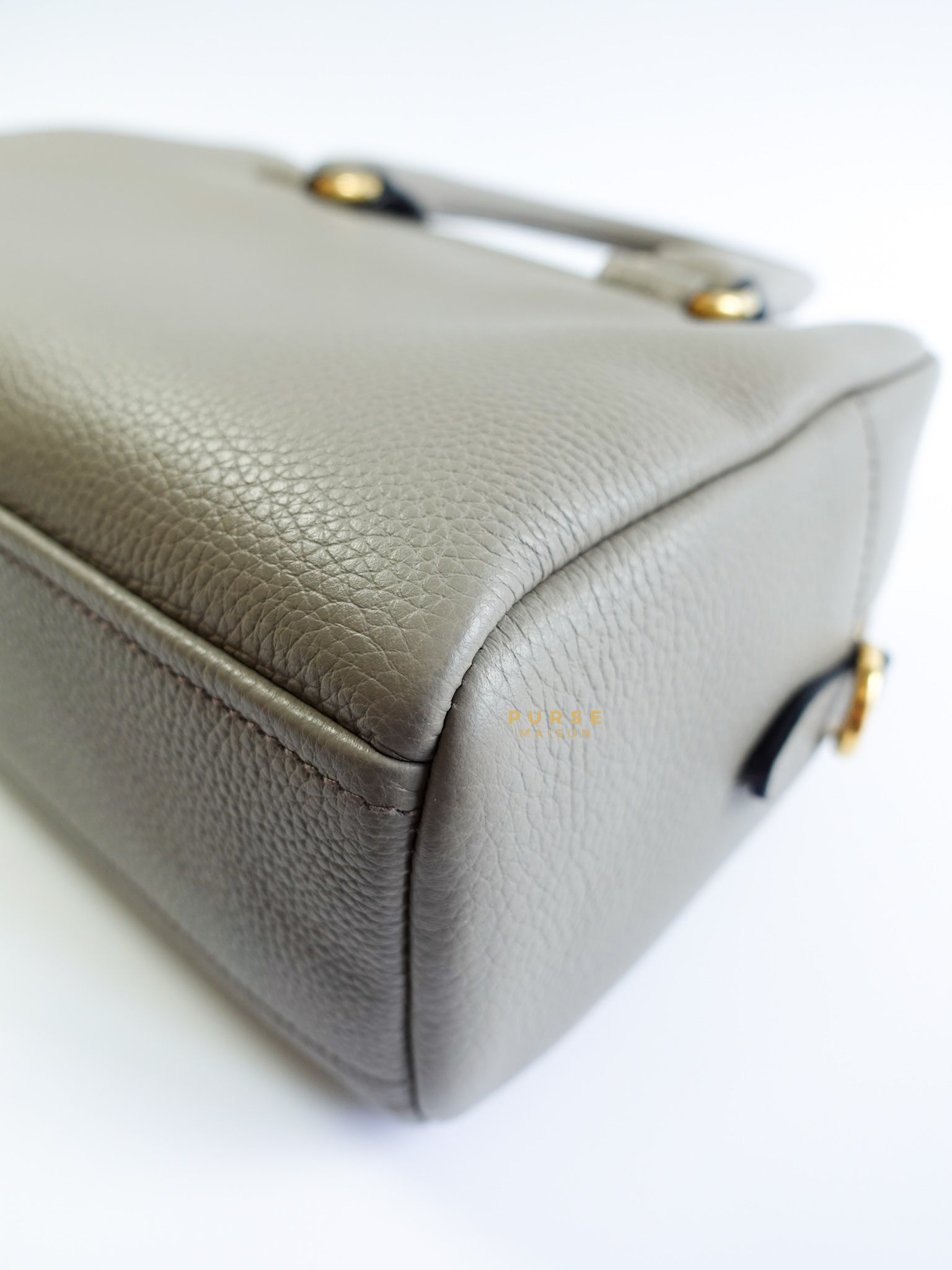 1BB108 Bauletto Gray Vitello Phenix in Gold Hardware | Purse Maison Luxury Bags Shop