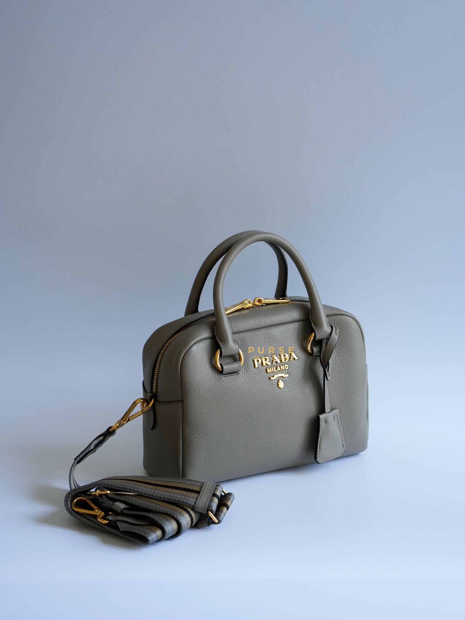 1BB108 Bauletto Gray Vitello Phenix in Gold Hardware | Purse Maison Luxury Bags Shop