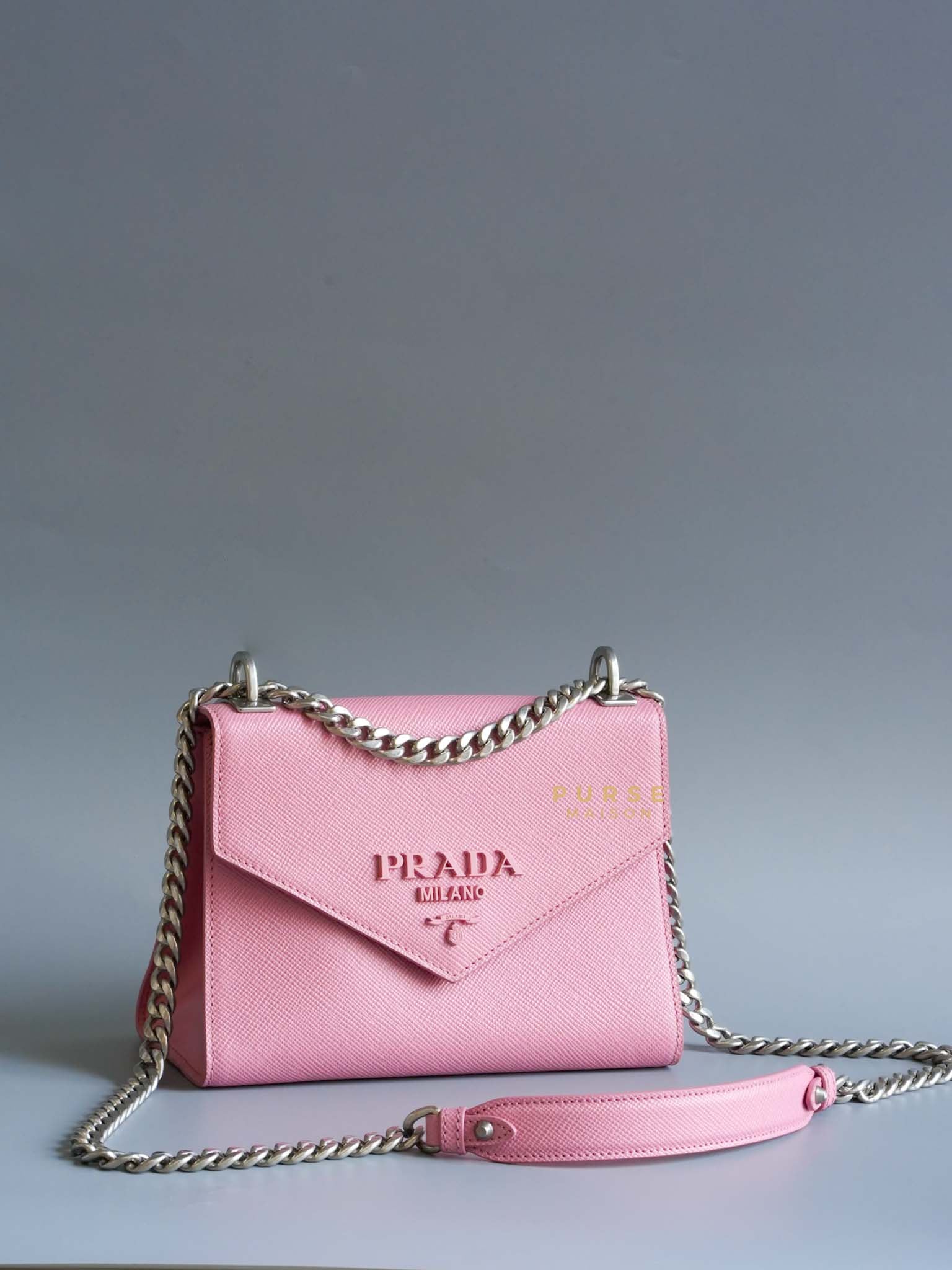 1BD127 Saffiano Pink Identity Chain Strap Bag | Purse Maison Luxury Bags Shop