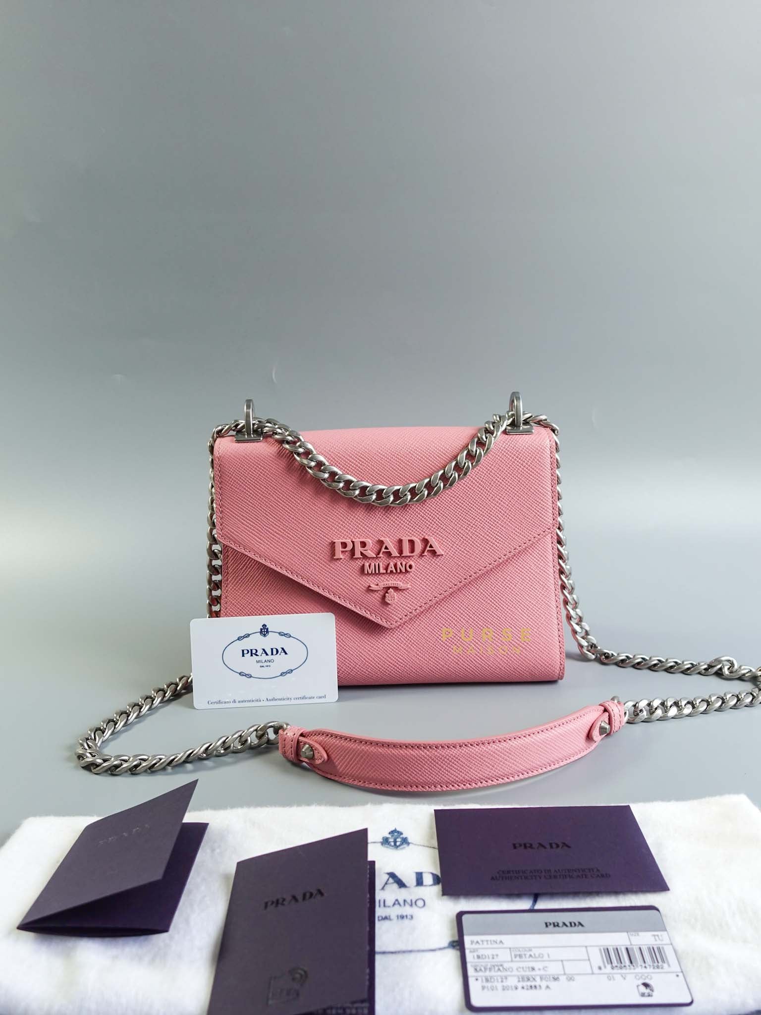 1BD127 Saffiano Pink Identity Chain Strap Bag | Purse Maison Luxury Bags Shop