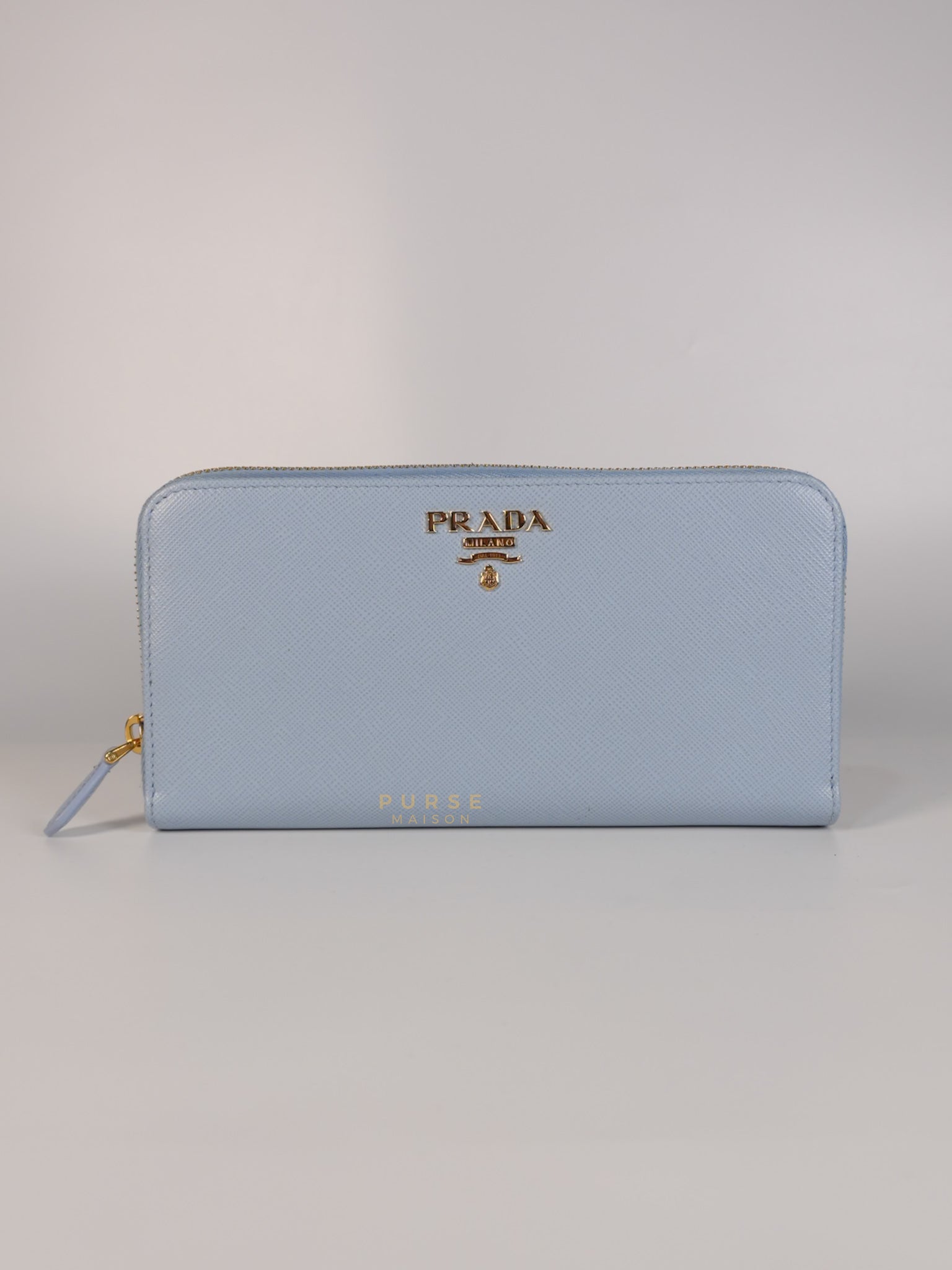 1ML506 Light Blue Saffiano Leather Long Zip Wallet | Purse Maison Luxury Bags Shop