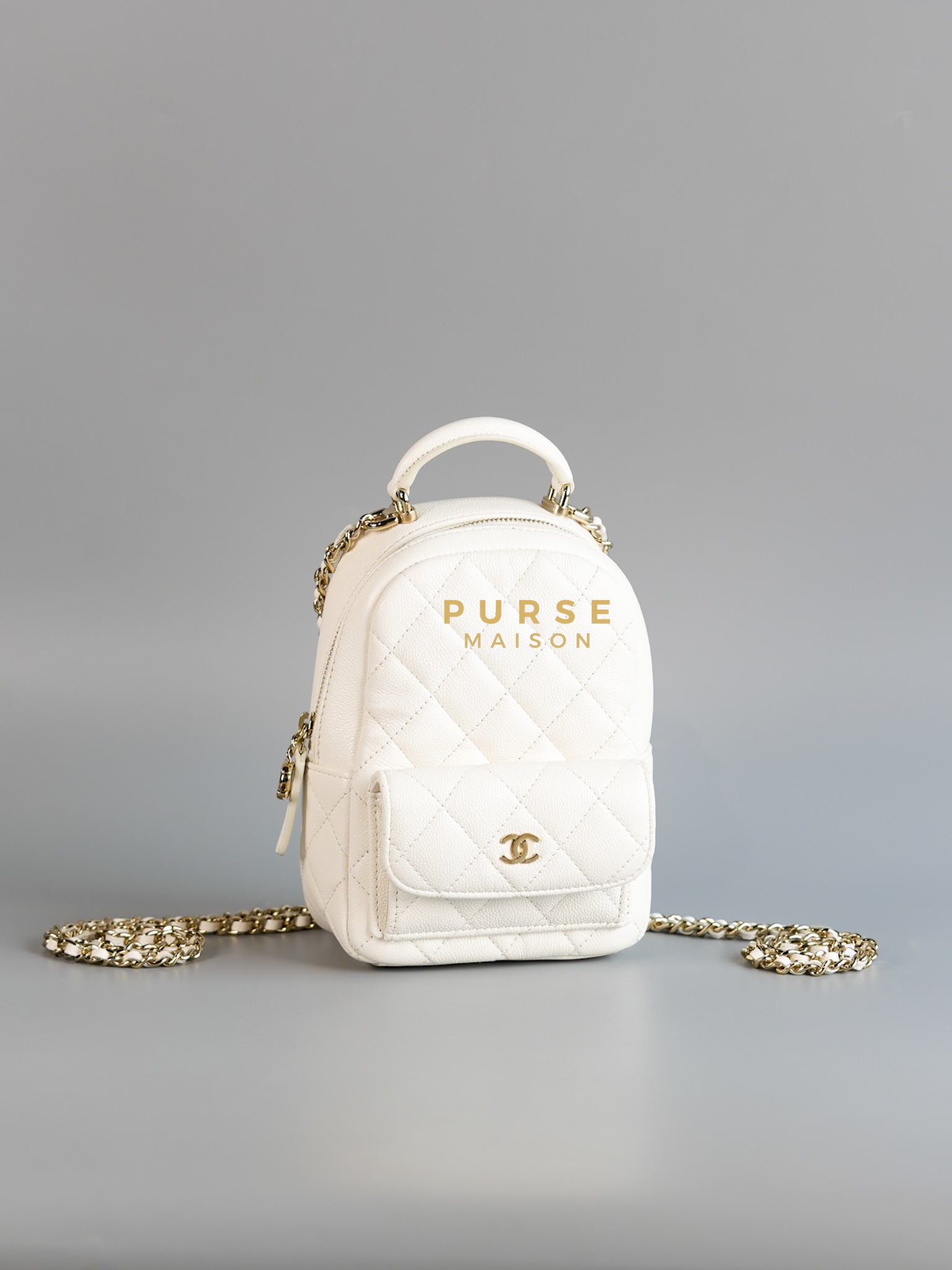 2024 Cruise Mini Backpack in White Caviar and Light Gold Hardware (Microchip) | Purse Maison Luxury Bags Shop