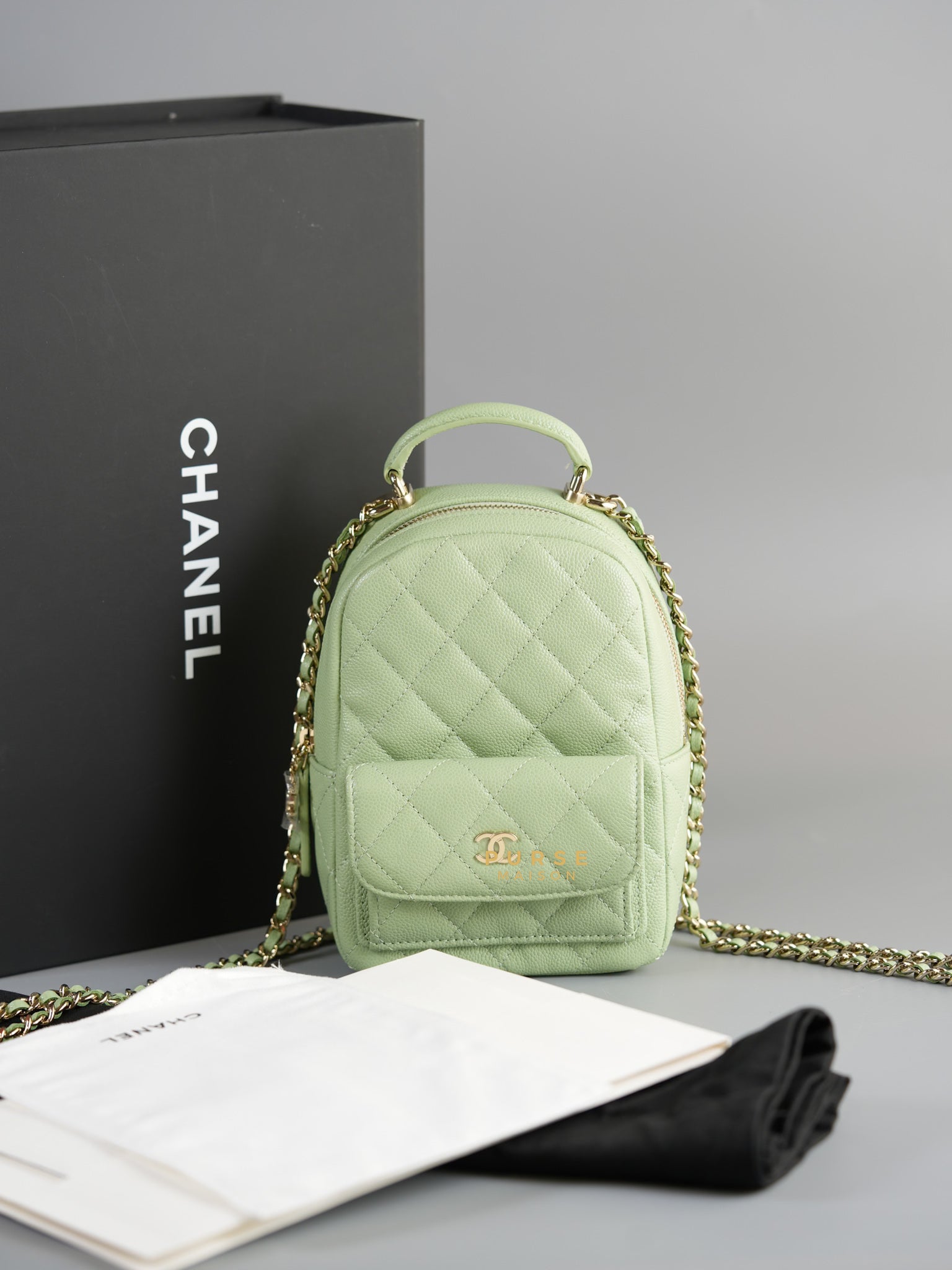 2024 Cruise Mini Backpack Sage Green Caviar and Light Gold Hardware (Microchip) | Purse Maison Luxury Bags Shop