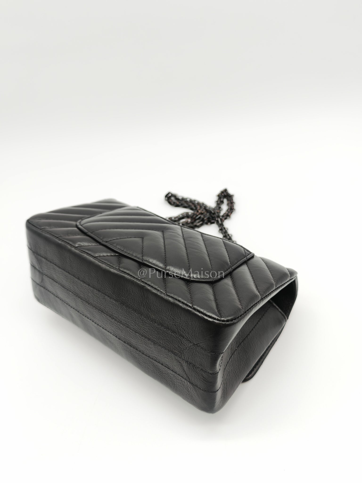 20A Mini Reissue Mademoiselle Flap 2.55 in Chevron Aged Calfskin Leather So Black Hardware (Series 30) | Purse Maison Luxury Bags Shop