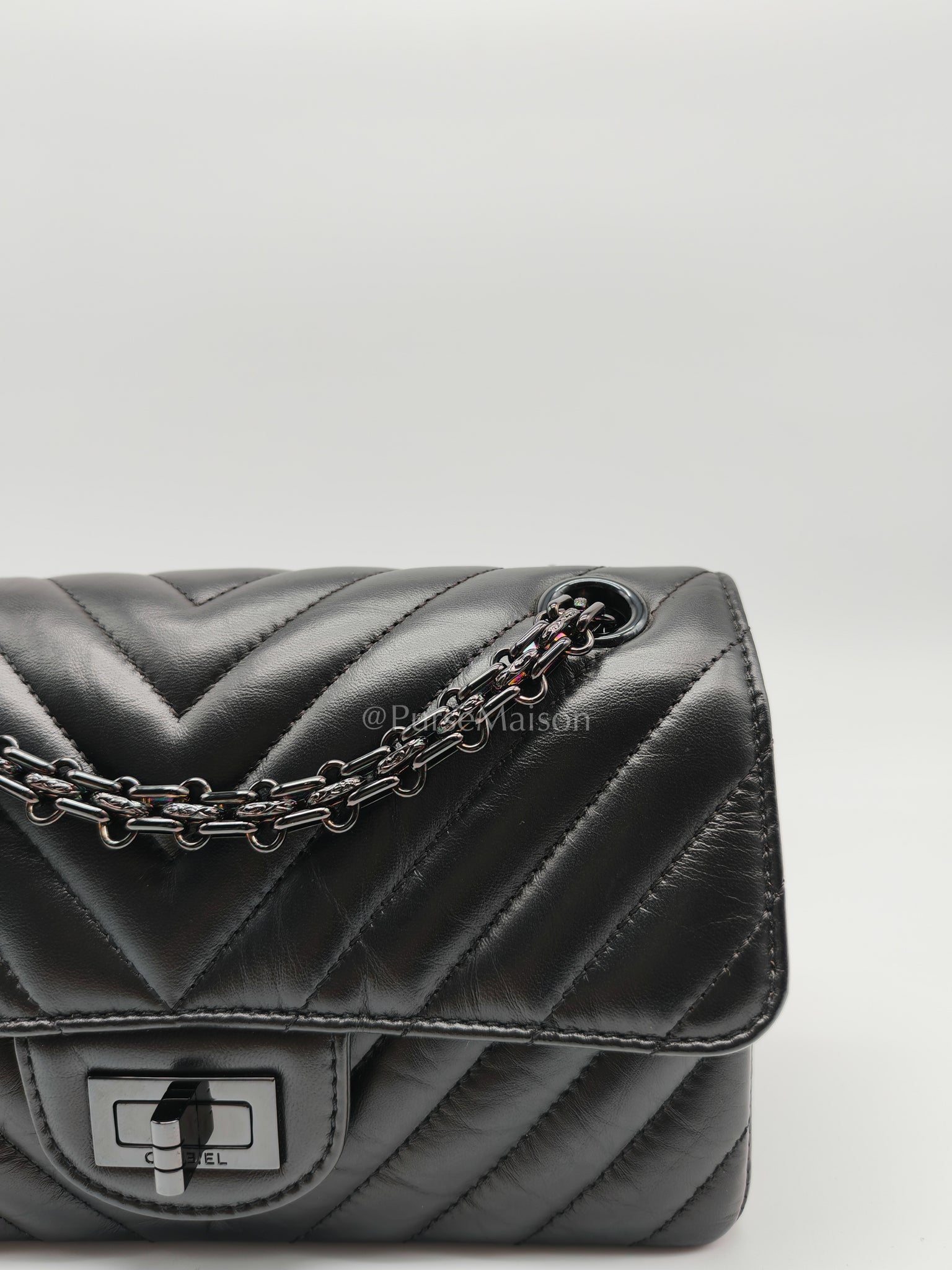 20A Mini Reissue Mademoiselle Flap 2.55 in Chevron Aged Calfskin Leather So Black Hardware (Series 30) | Purse Maison Luxury Bags Shop