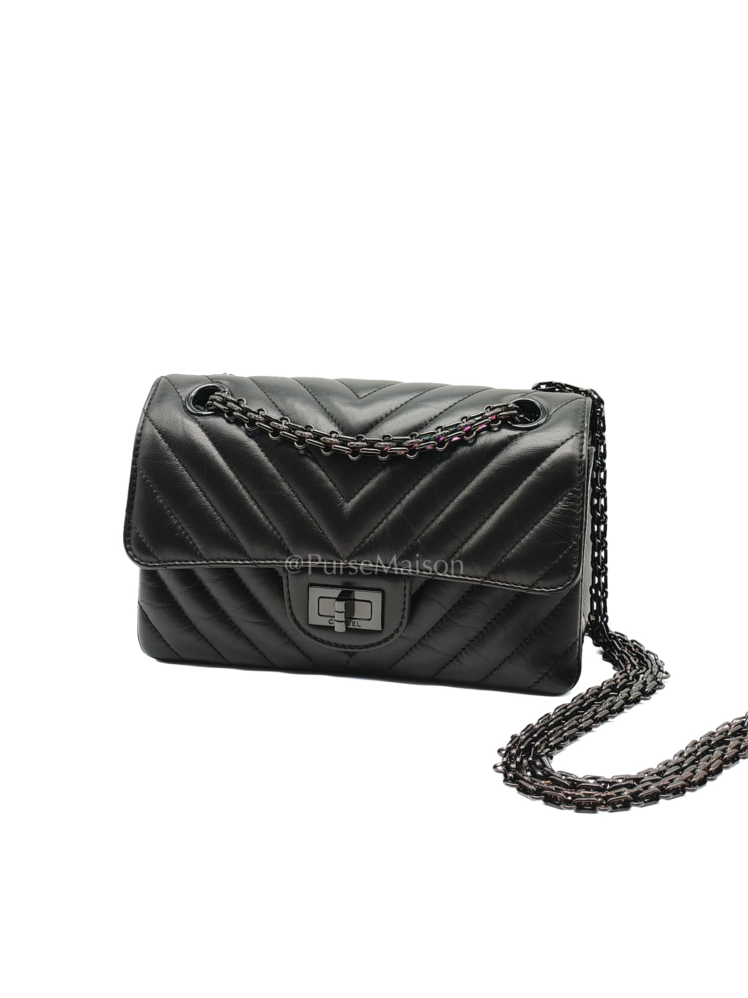 20A Mini Reissue Mademoiselle Flap 2.55 in Chevron Aged Calfskin Leather So Black Hardware (Series 30) | Purse Maison Luxury Bags Shop