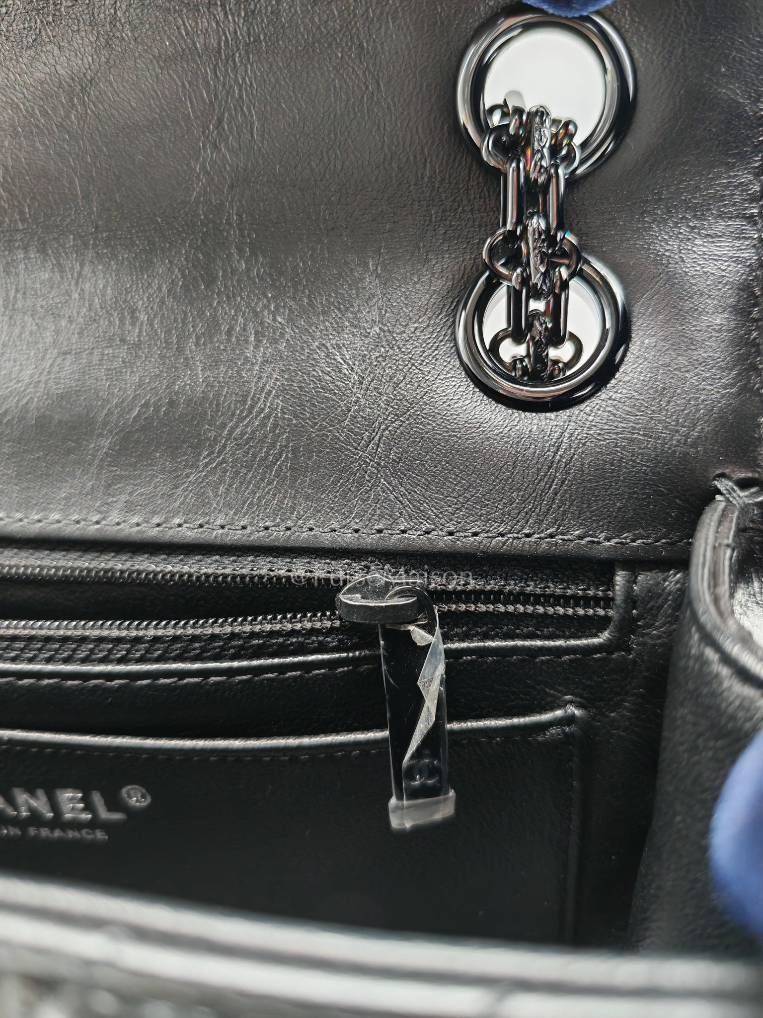 20A Mini Reissue Mademoiselle Flap 2.55 in Chevron Aged Calfskin Leather So Black Hardware (Series 30) | Purse Maison Luxury Bags Shop