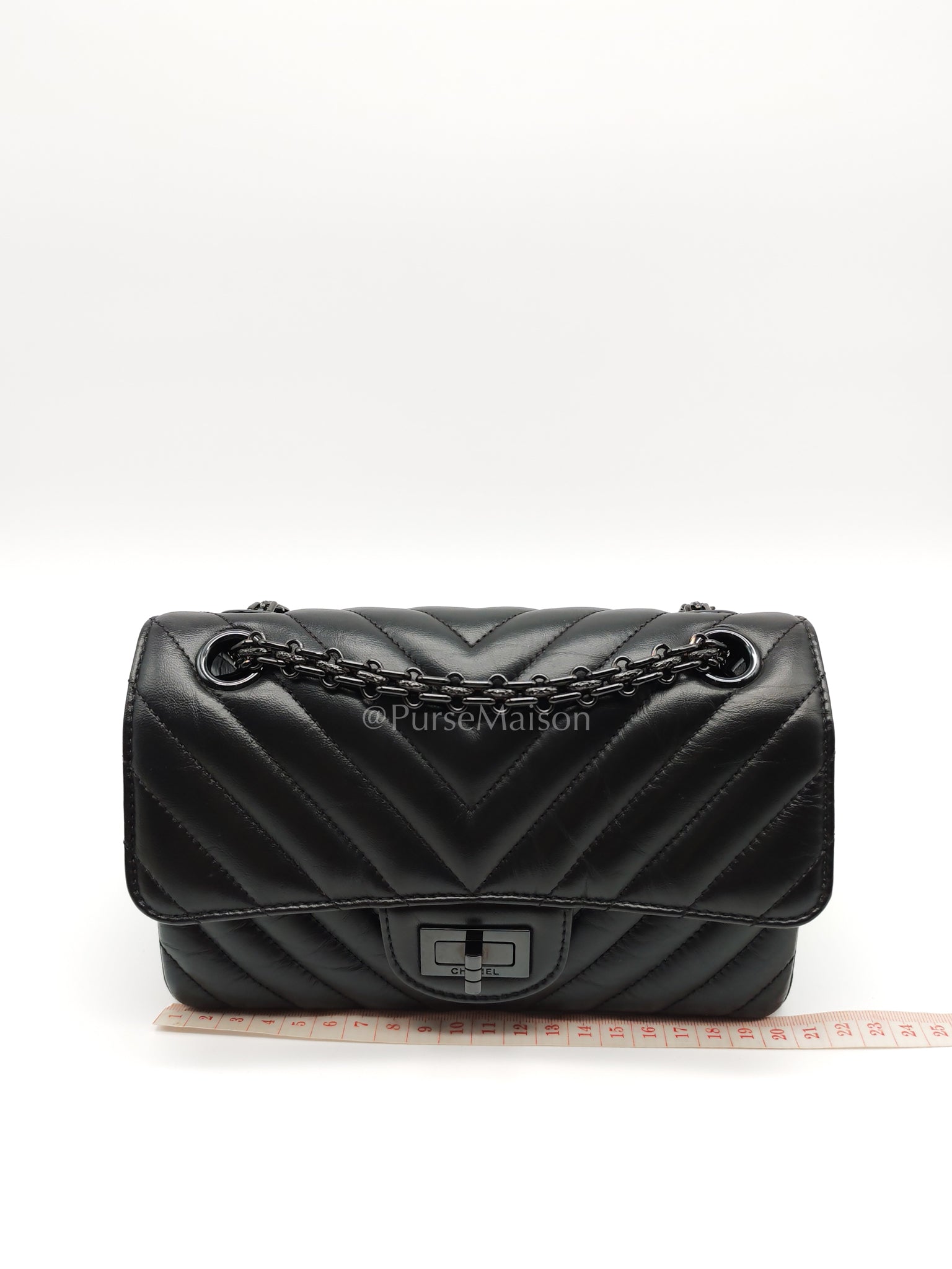 20A Mini Reissue Mademoiselle Flap 2.55 in Chevron Aged Calfskin Leather So Black Hardware (Series 30) | Purse Maison Luxury Bags Shop