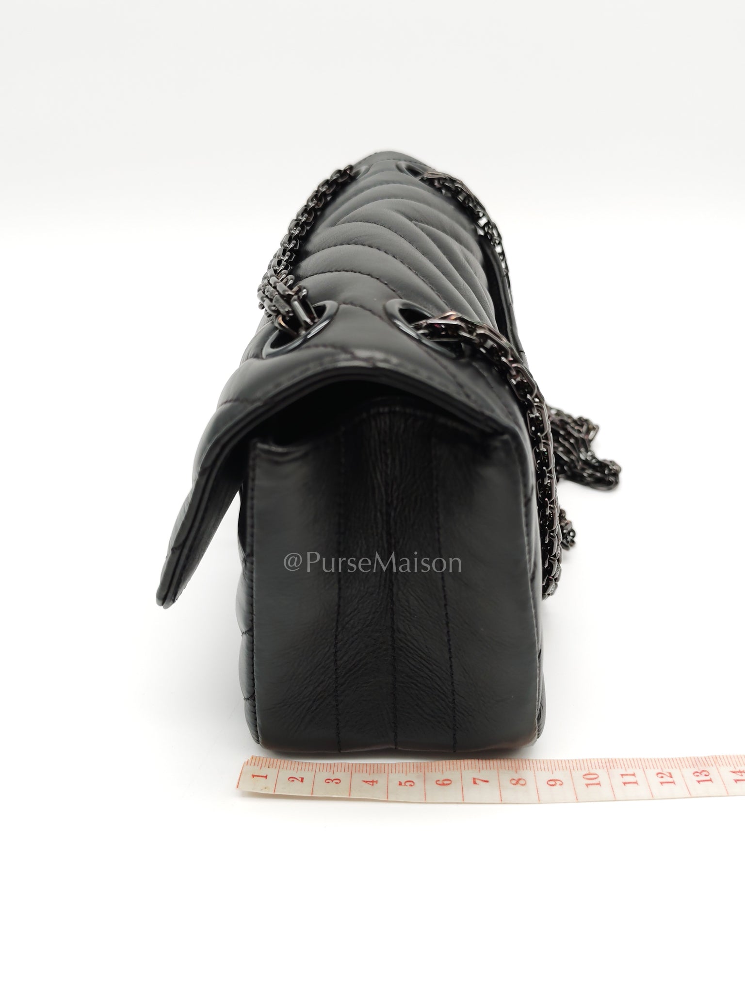 20A Mini Reissue Mademoiselle Flap 2.55 in Chevron Aged Calfskin Leather So Black Hardware (Series 30) | Purse Maison Luxury Bags Shop