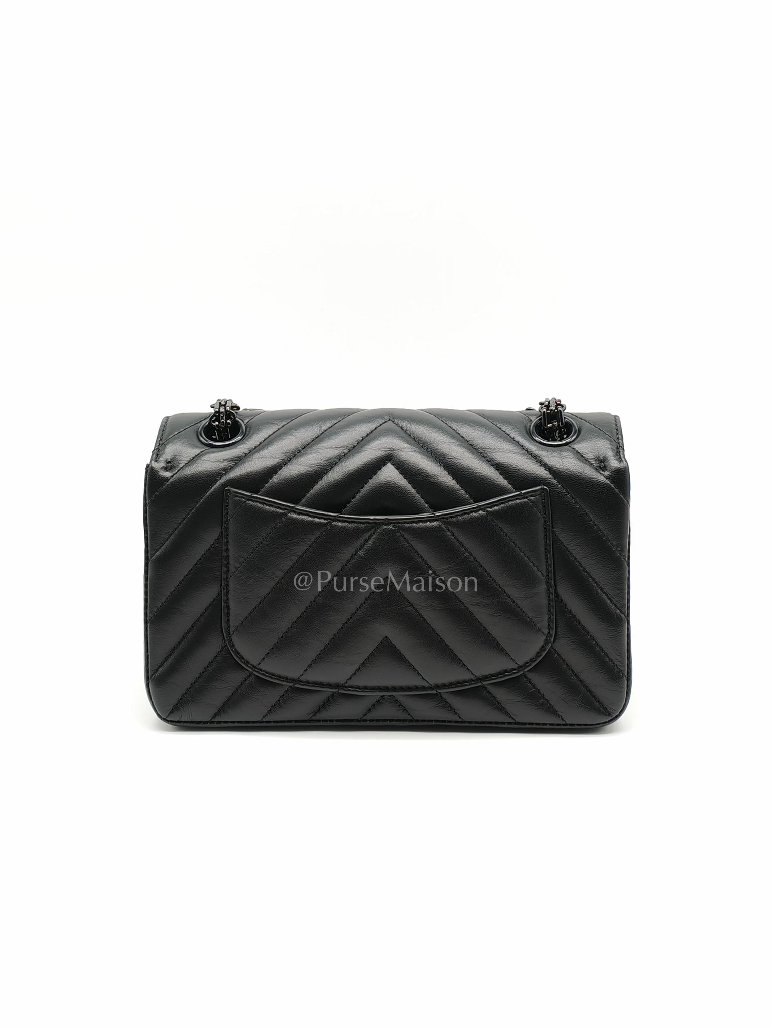 20A Mini Reissue Mademoiselle Flap 2.55 in Chevron Aged Calfskin Leather So Black Hardware (Series 30) | Purse Maison Luxury Bags Shop