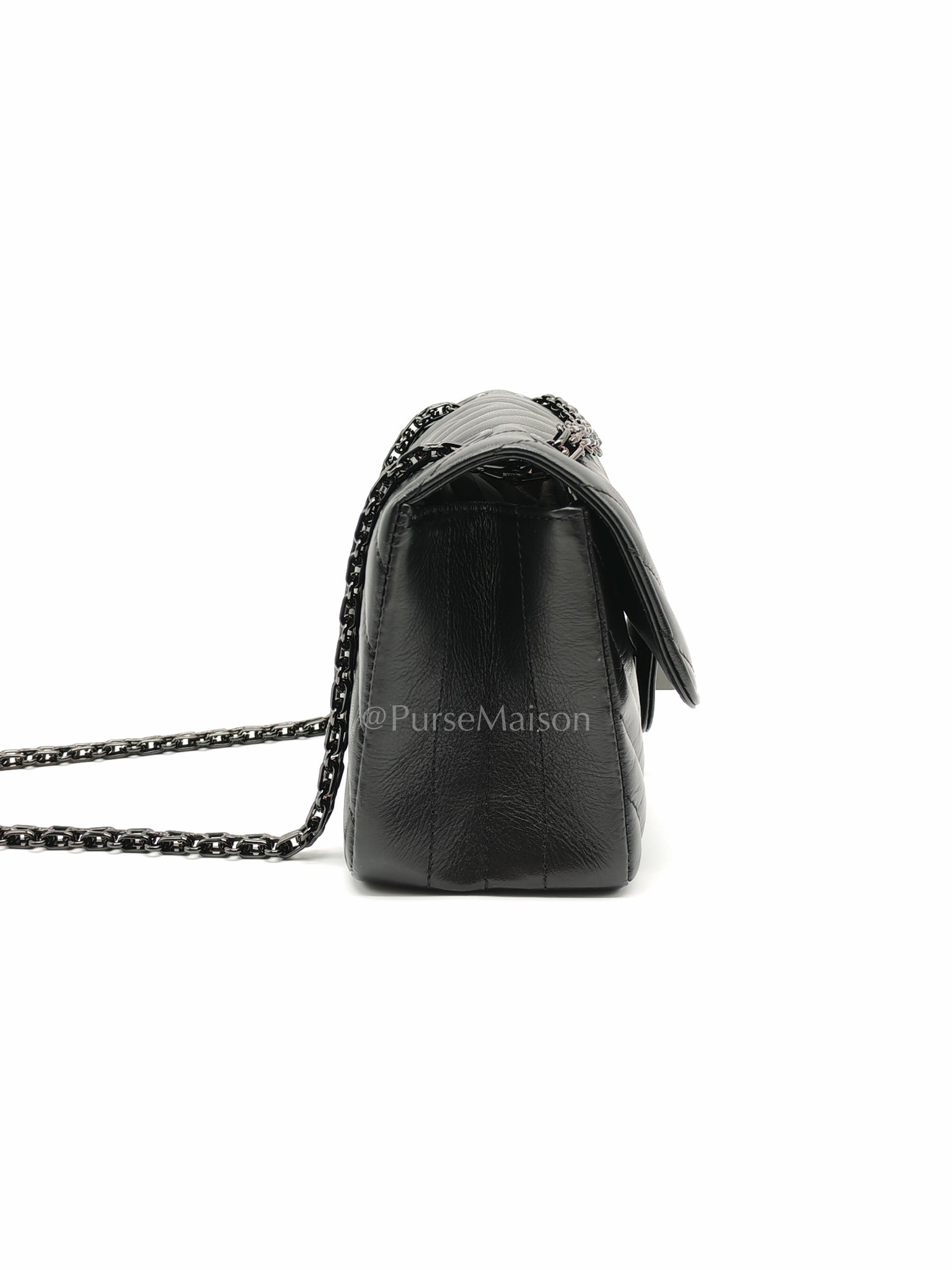20A Mini Reissue Mademoiselle Flap 2.55 in Chevron Aged Calfskin Leather So Black Hardware (Series 30) | Purse Maison Luxury Bags Shop