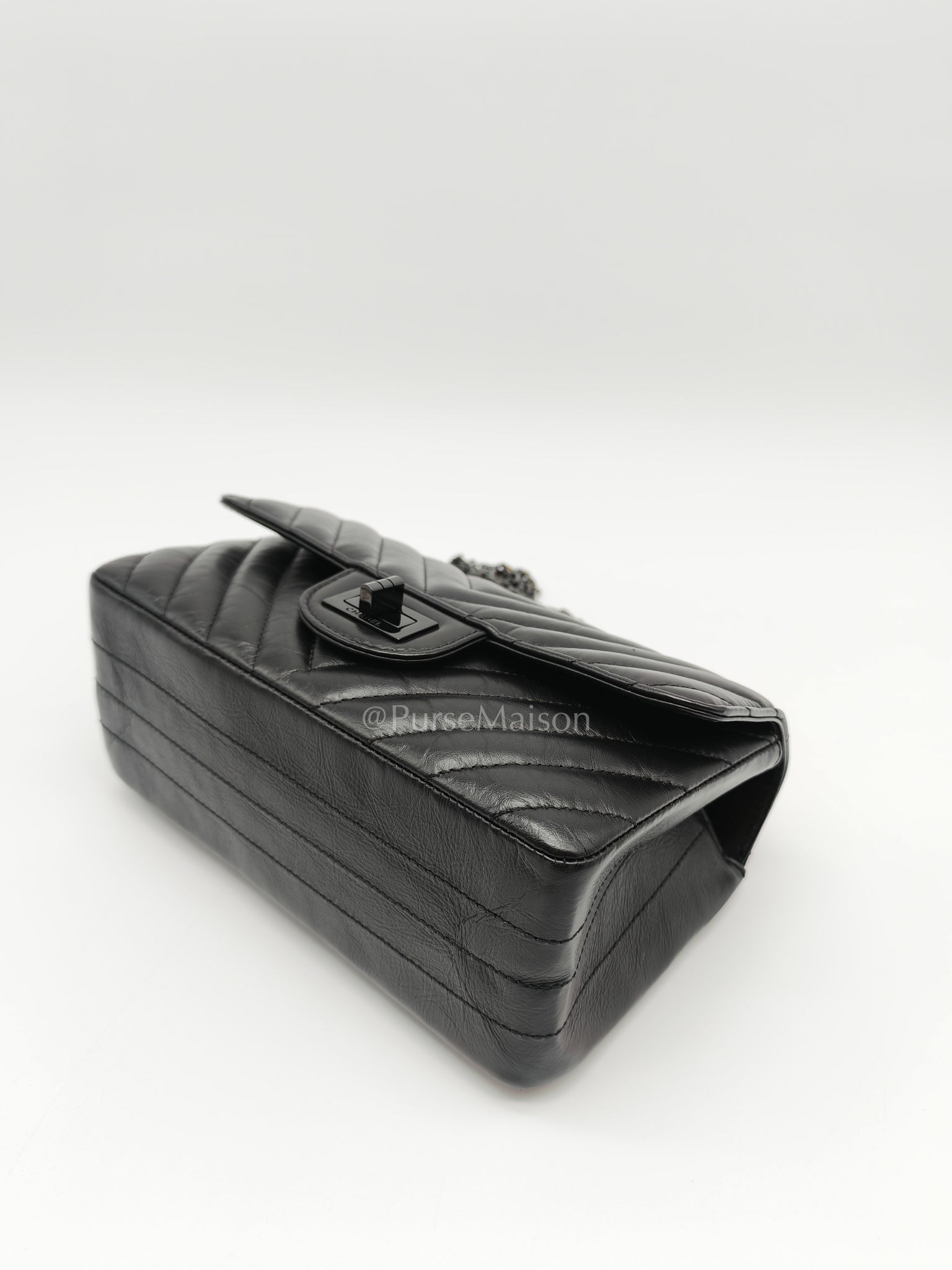 20A Mini Reissue Mademoiselle Flap 2.55 in Chevron Aged Calfskin Leather So Black Hardware (Series 30) | Purse Maison Luxury Bags Shop