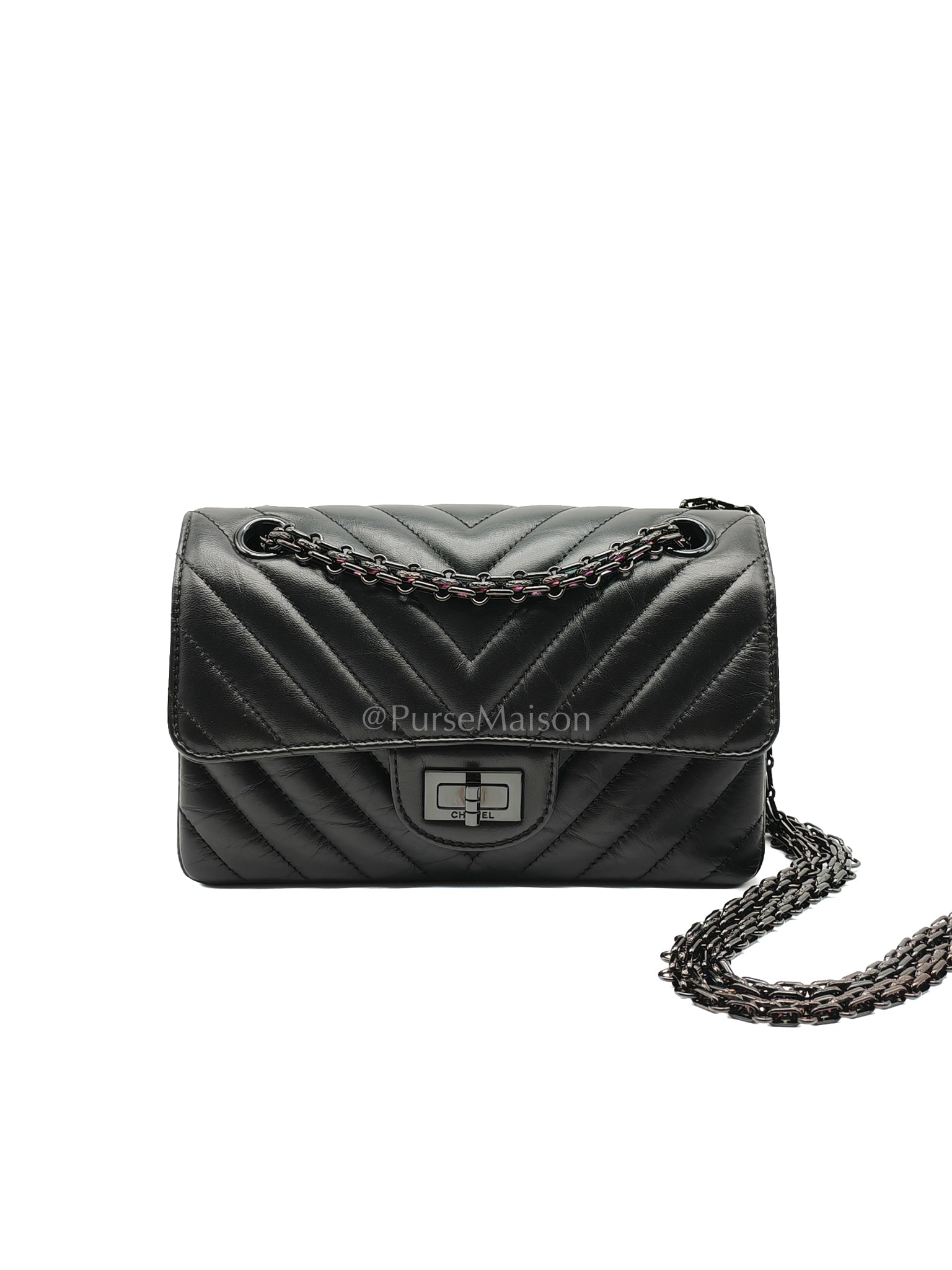20A Mini Reissue Mademoiselle Flap 2.55 in Chevron Aged Calfskin Leather So Black Hardware (Series 30) | Purse Maison Luxury Bags Shop