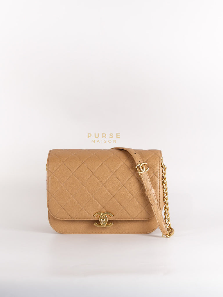 21K Beige Small Messenger Bag Caviar & Aged Gold Hardware (Microchip) | Purse Maison Luxury Bags Shop