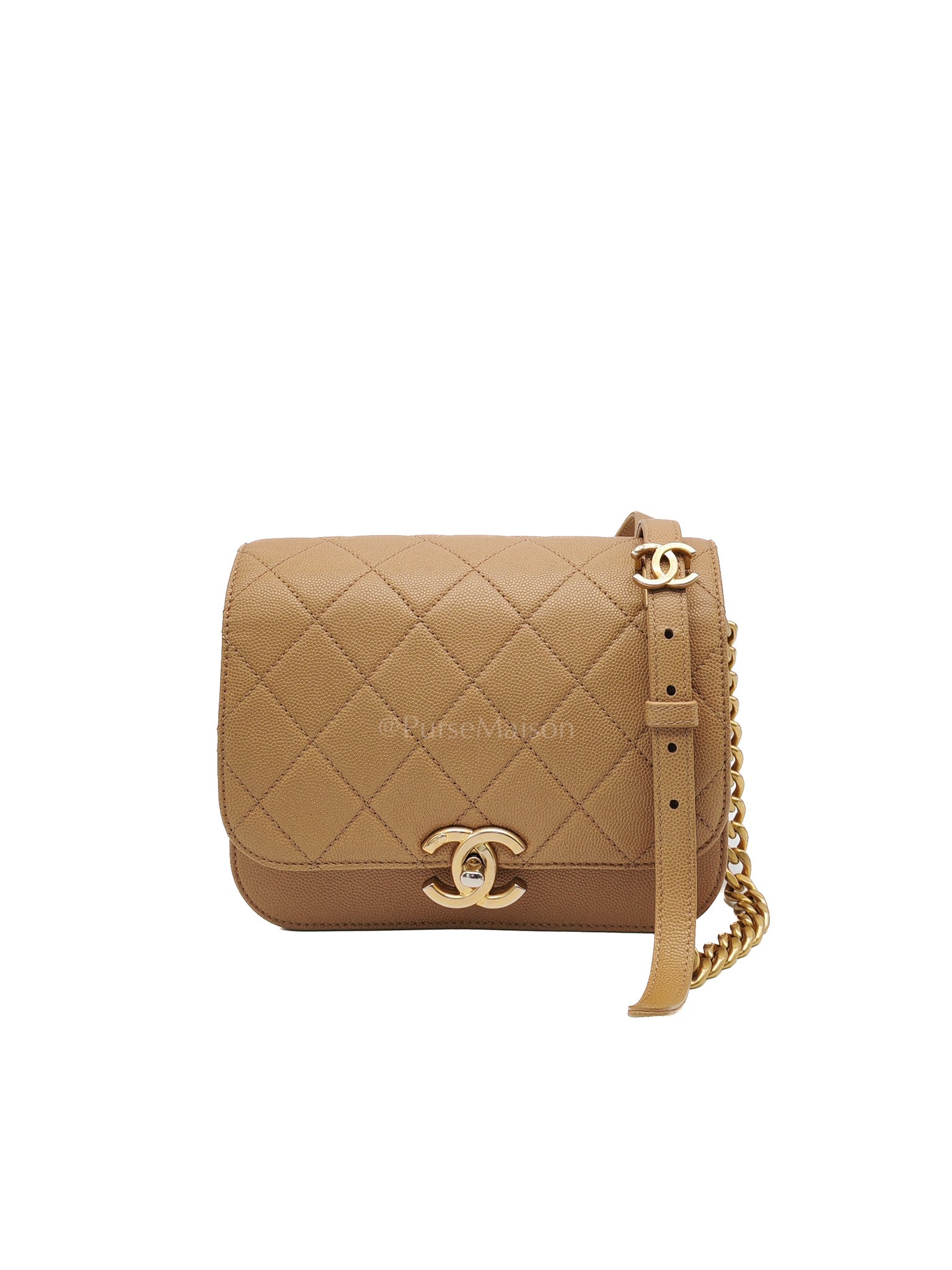 21k Messenger Bag Small in Dark Biege Caviar Leather Aged Gold Hardware (Microchip) | Purse Maison Luxury Bags Shop