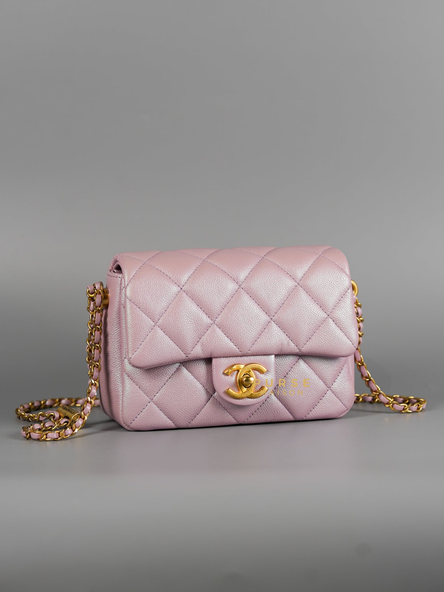 21K My Perfect Mini Iridescent Pink Caviar Leather and Aged Gold Hardware (Microchip) | Purse Maison Luxury Bags Shop