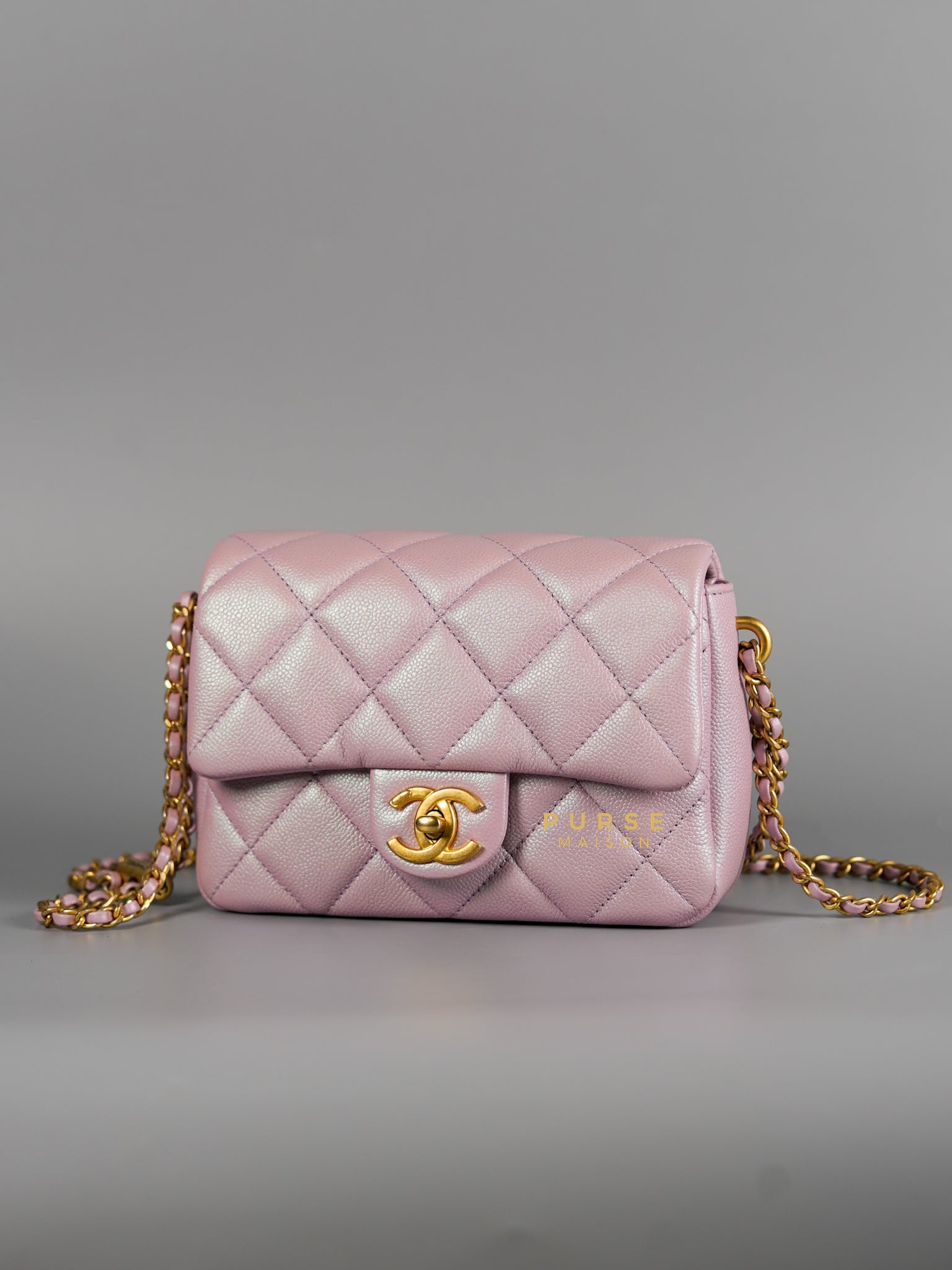 21K My Perfect Mini Iridescent Pink Caviar Leather and Aged Gold Hardware (Microchip) | Purse Maison Luxury Bags Shop