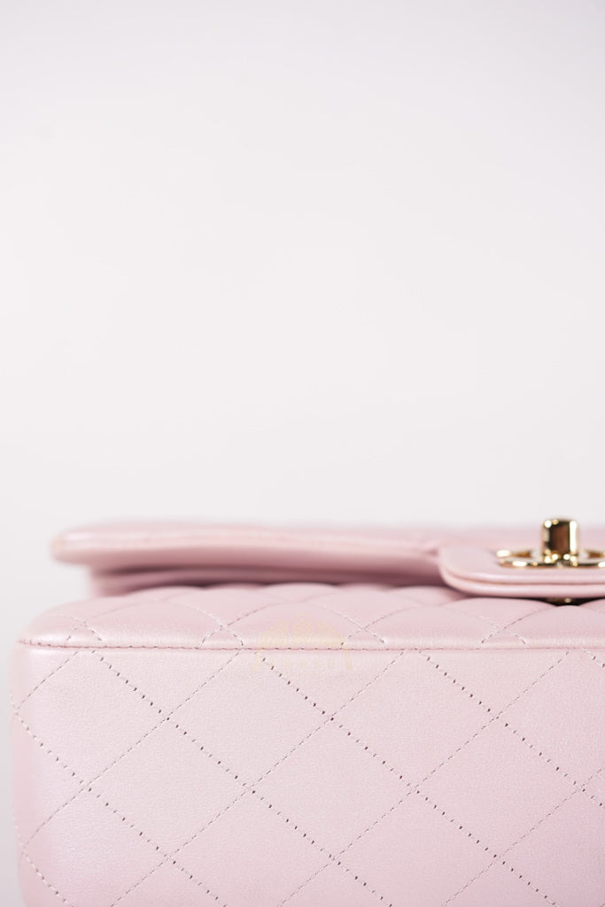 21S Classic Medium Double Flap in Rose Clair Iridescent Lambskin Leather and Light Gold Hardware Series 31 | Purse Maison Luxury Bags Shop