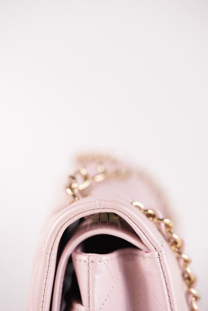 21S Classic Medium Double Flap in Rose Clair Iridescent Lambskin Leather and Light Gold Hardware Series 31 | Purse Maison Luxury Bags Shop