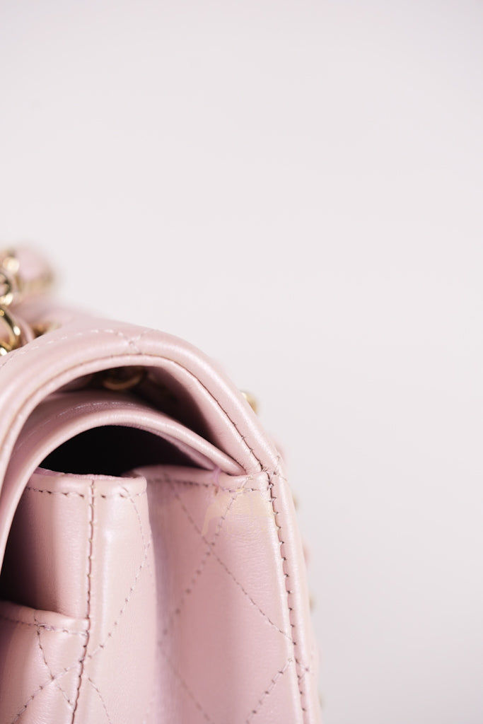 21S Classic Medium Double Flap in Rose Clair Iridescent Lambskin Leather and Light Gold Hardware Series 31 | Purse Maison Luxury Bags Shop