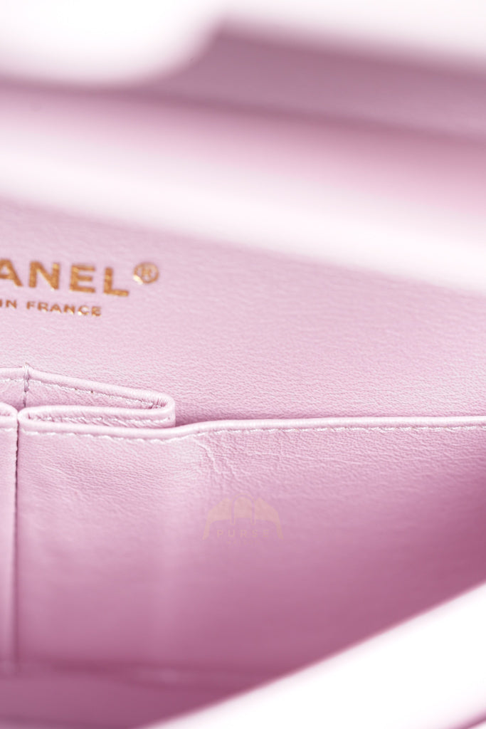 21S Classic Medium Double Flap in Rose Clair Iridescent Lambskin Leather and Light Gold Hardware Series 31 | Purse Maison Luxury Bags Shop