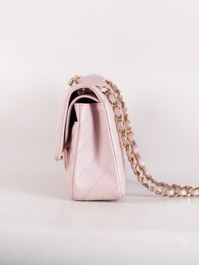 21S Classic Medium Double Flap in Rose Clair Iridescent Lambskin Leather and Light Gold Hardware Series 31 | Purse Maison Luxury Bags Shop