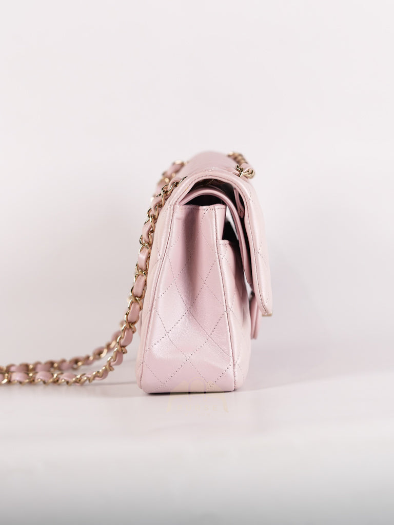21S Classic Medium Double Flap in Rose Clair Iridescent Lambskin Leather and Light Gold Hardware Series 31 | Purse Maison Luxury Bags Shop