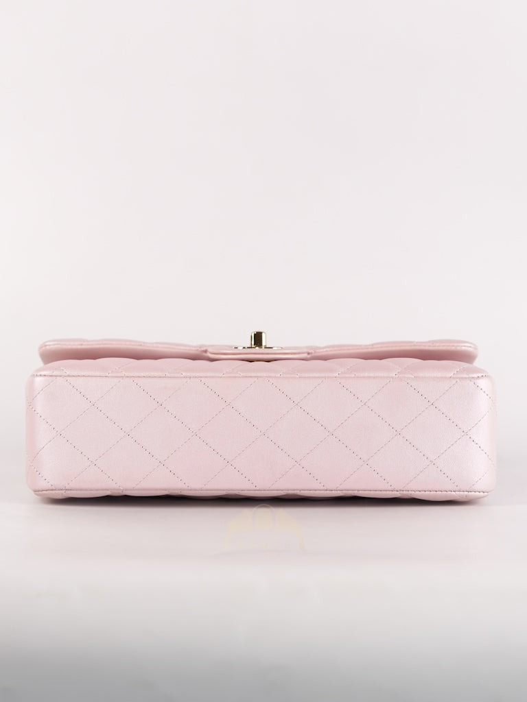 21S Classic Medium Double Flap in Rose Clair Iridescent Lambskin Leather and Light Gold Hardware Series 31 | Purse Maison Luxury Bags Shop