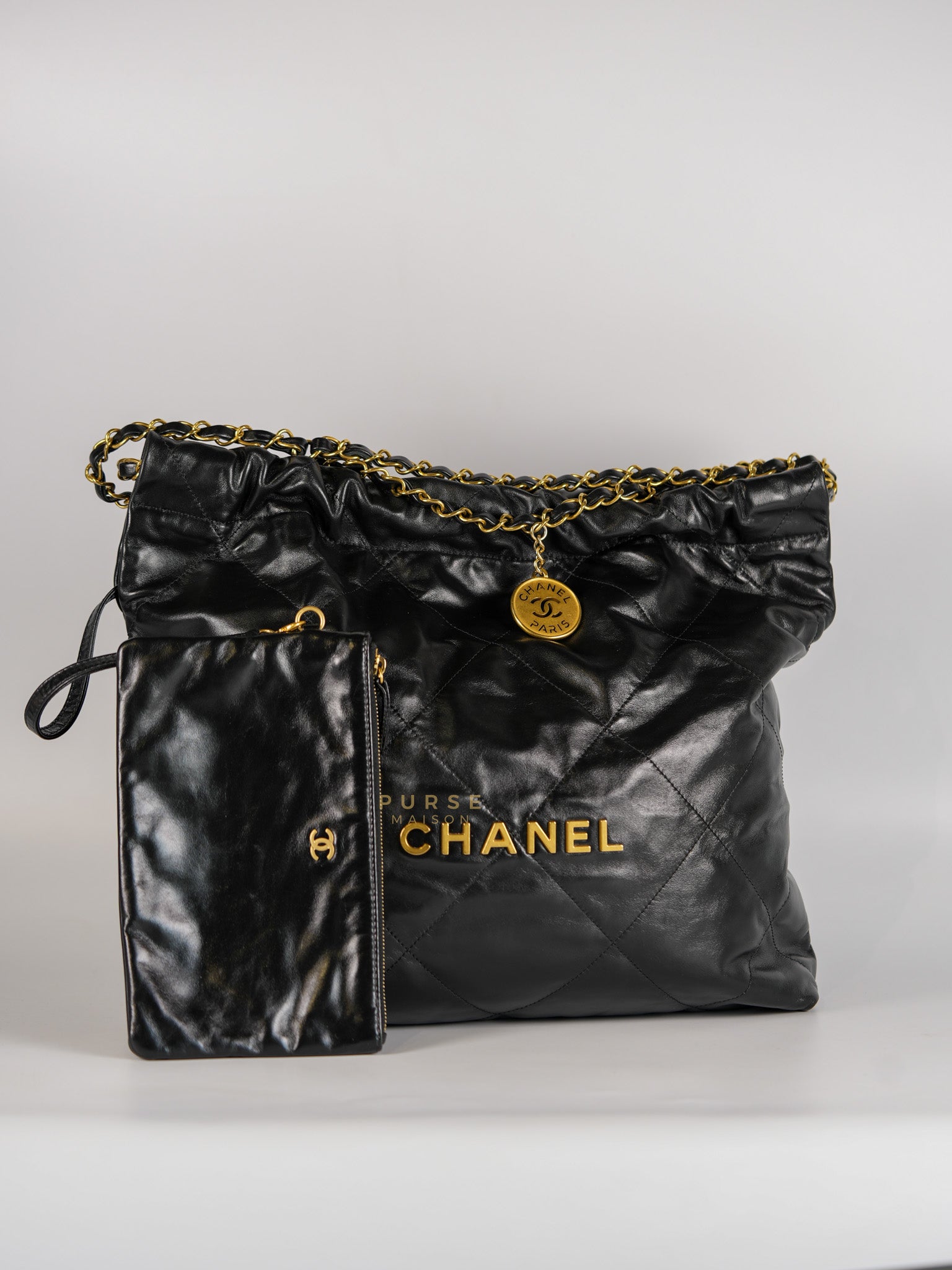 22 Hobo Bag Medium in Black Shiny Calfskin Leather Aged Gold Hardware (Microchip) | Purse Maison Luxury Bags Shop