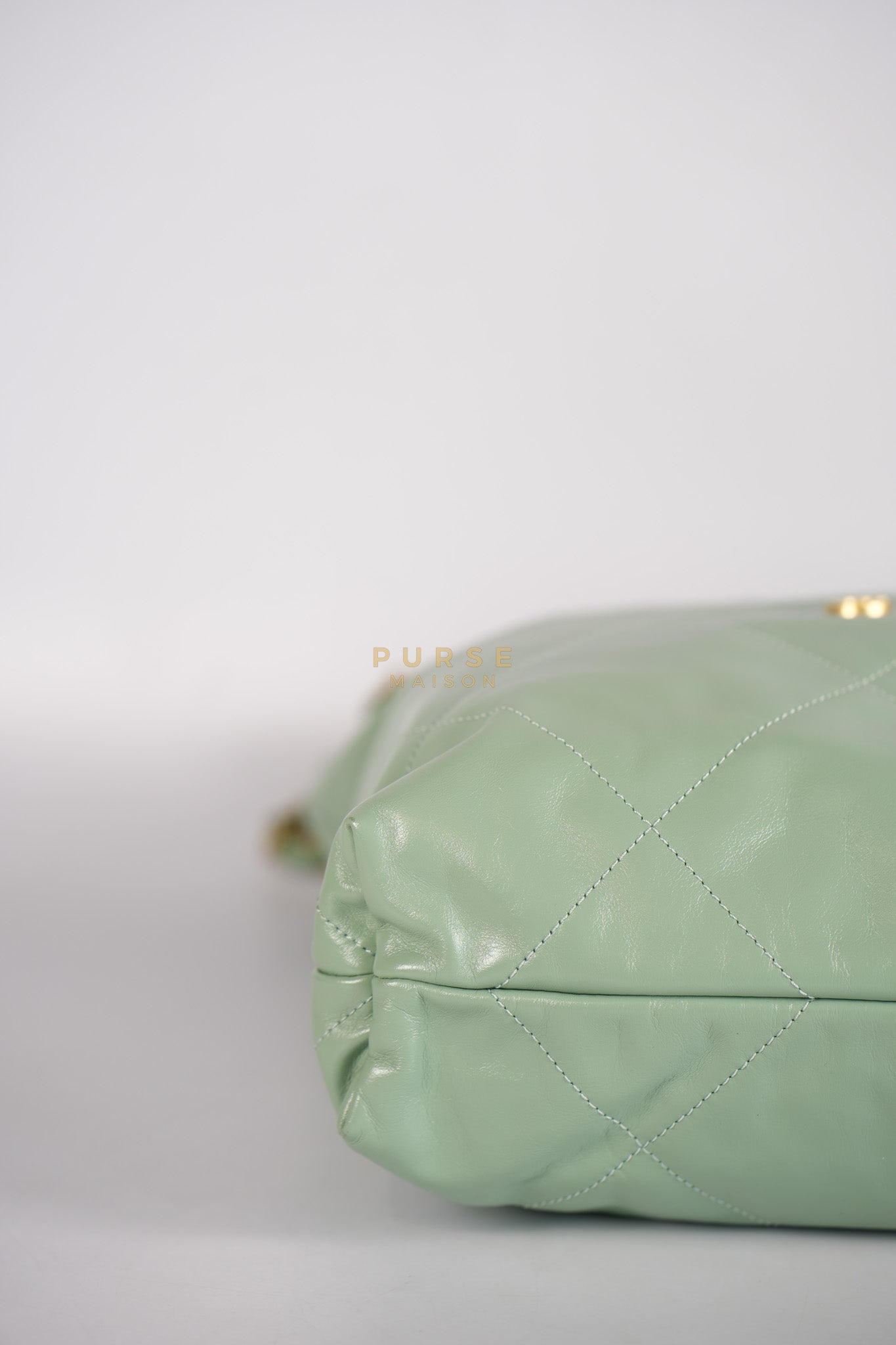 22 Medium in Light Green Shiny Calfskin Leather & Aged Gold Hardware (Microchip) | Purse Maison Luxury Bags Shop