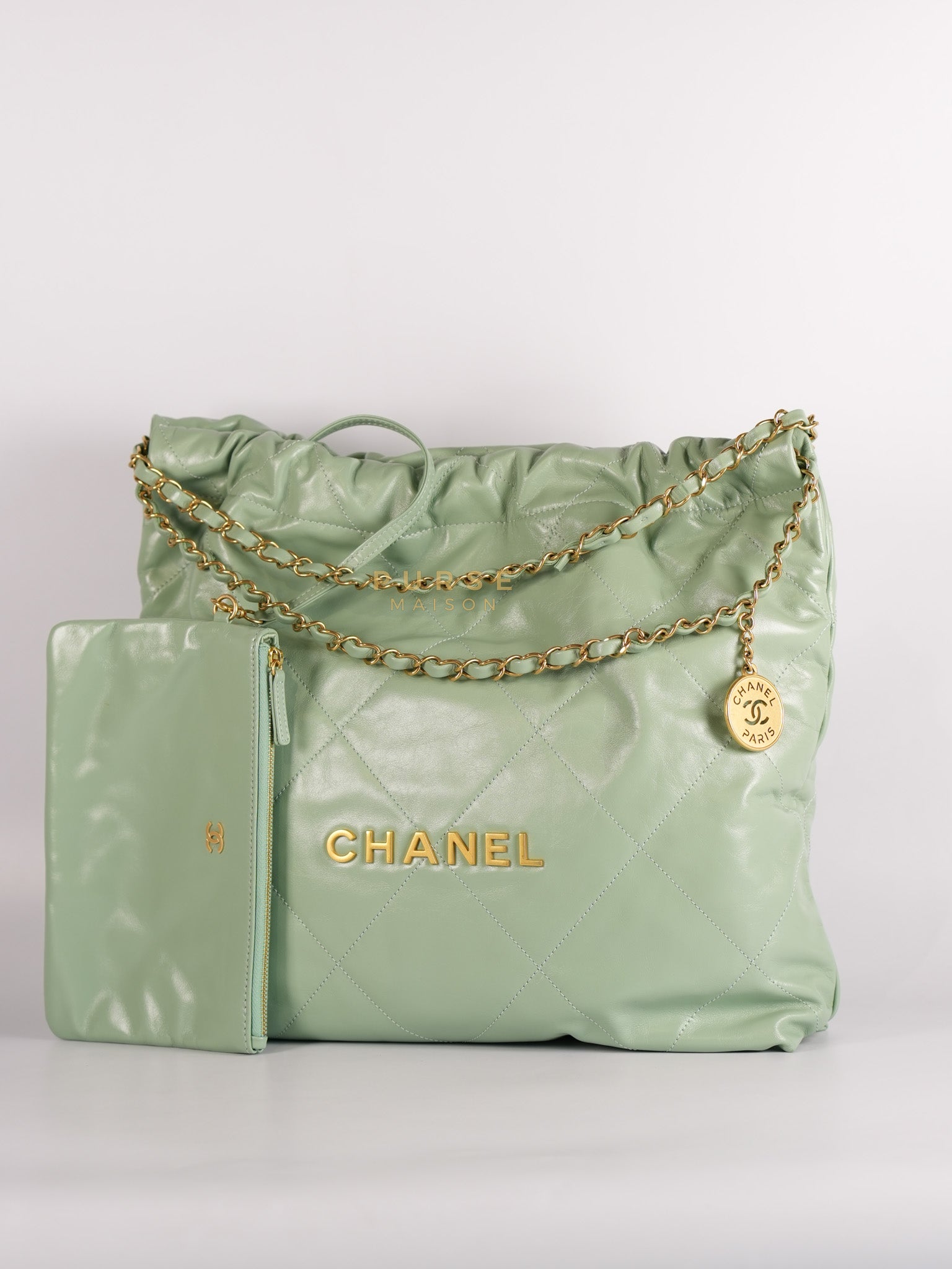 22 Medium in Light Green Shiny Calfskin Leather & Aged Gold Hardware (Microchip) | Purse Maison Luxury Bags Shop