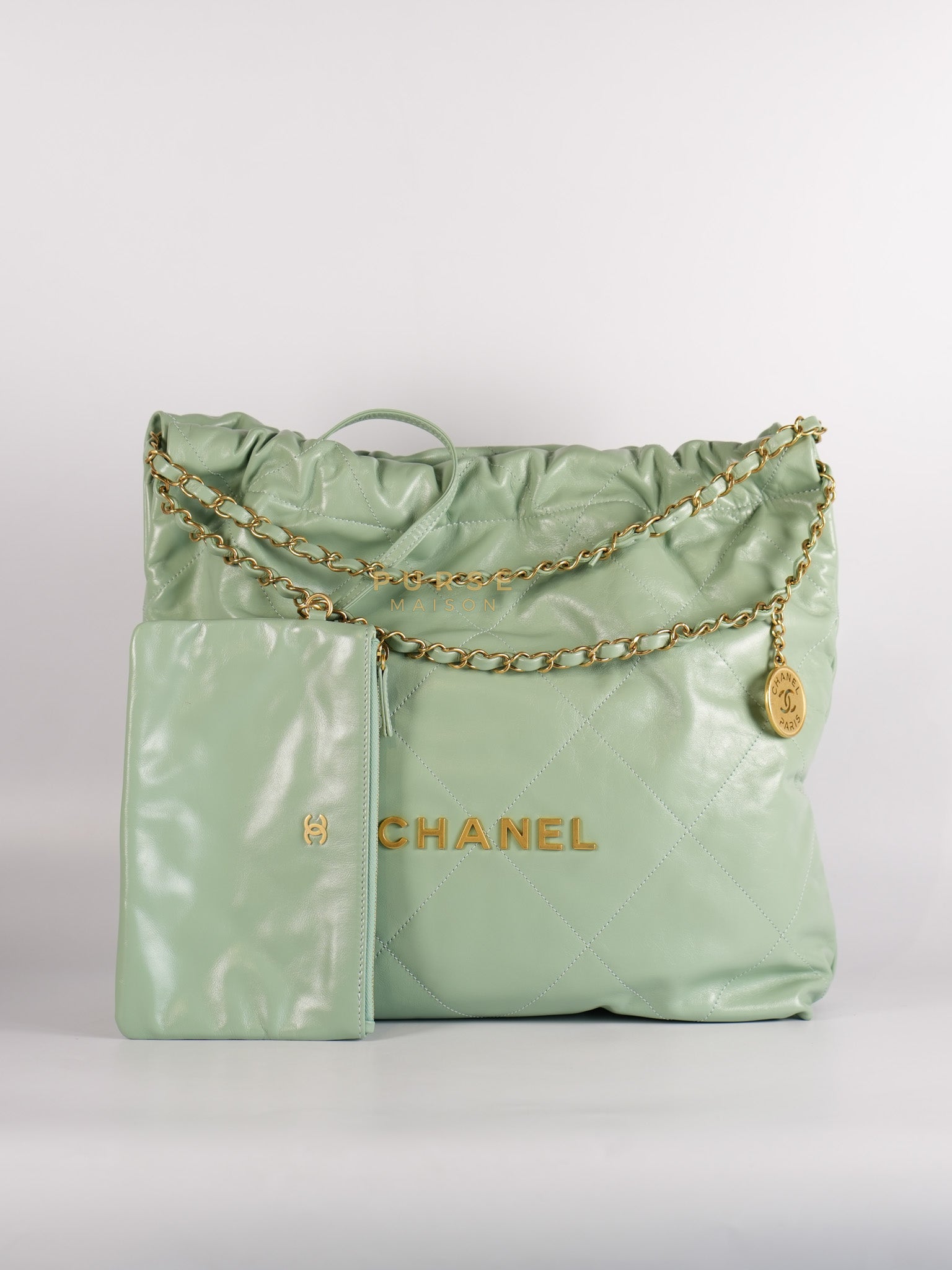 22 Medium in Light Green Shiny Calfskin Leather & Aged Gold Hardware (Microchip) | Purse Maison Luxury Bags Shop