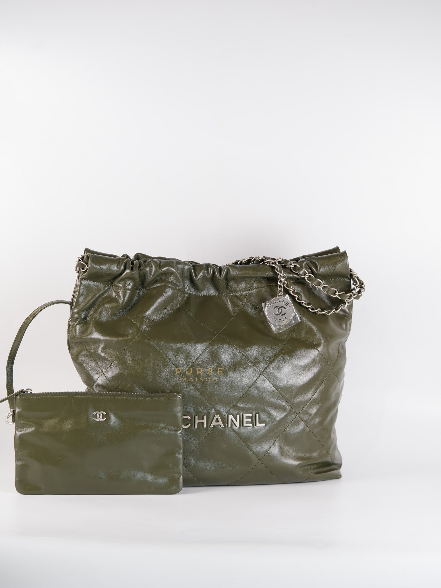 22 Medium Olive Green Lambskin Leather in Brushed Silver Hardware (Microchip) | Purse Maison Luxury Bags Shop