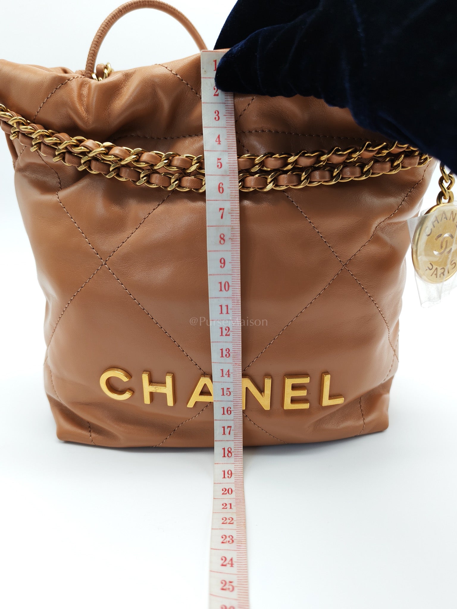 22 Mini in Caramel Shiny Calfskin Leather and Aged Gold Hardware (Microchip) | Purse Maison Luxury Bags Shop