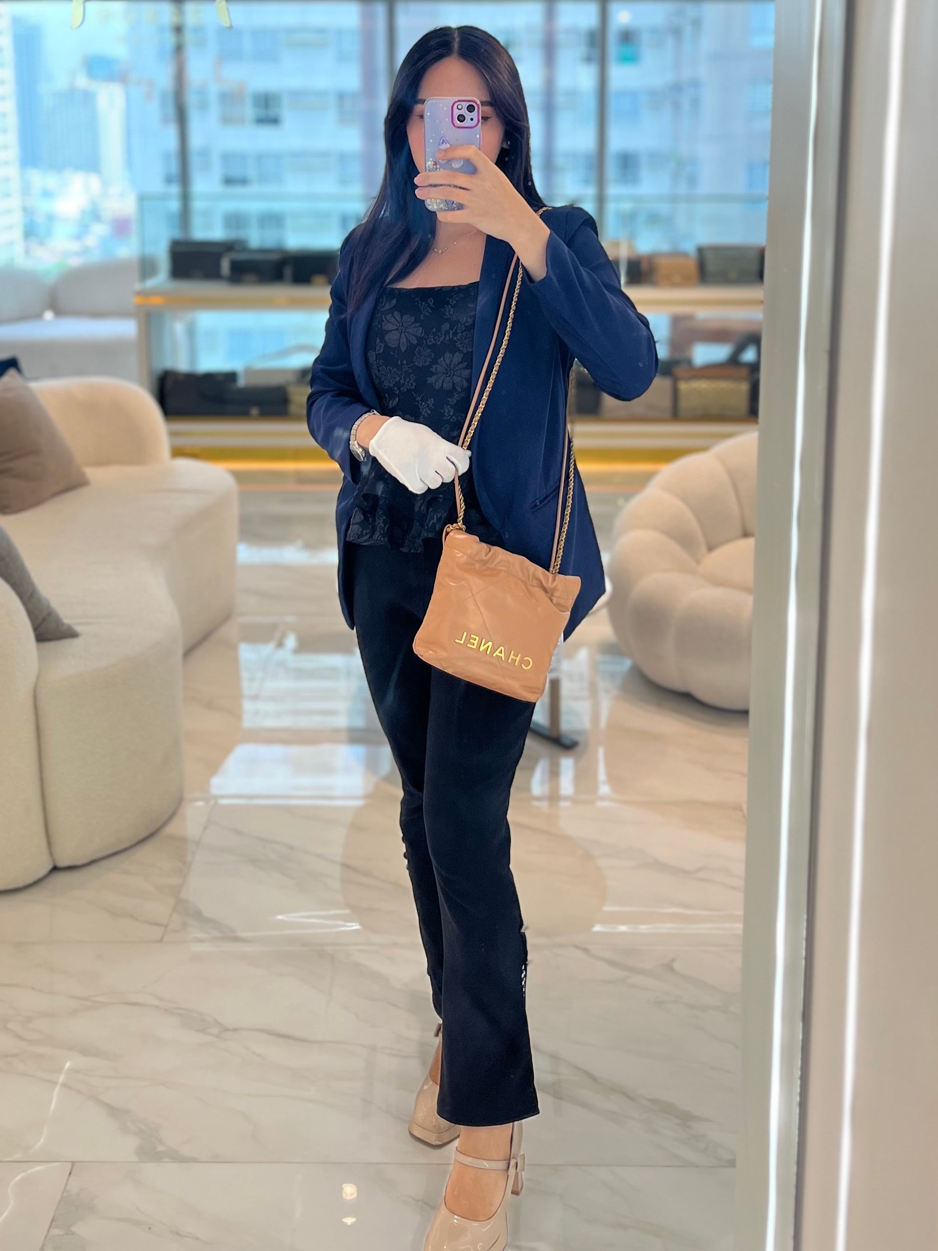 22 Mini in Caramel Shiny Calfskin Leather and Aged Gold Hardware (Microchip) | Purse Maison Luxury Bags Shop