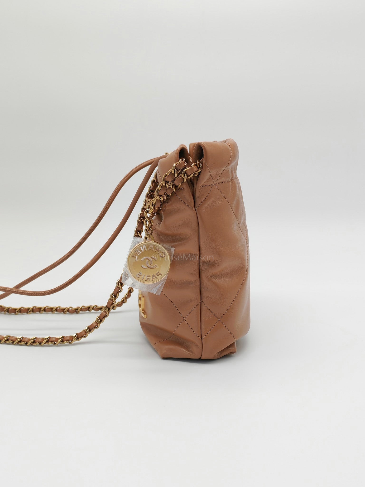 22 Mini in Caramel Shiny Calfskin Leather and Aged Gold Hardware (Microchip) | Purse Maison Luxury Bags Shop