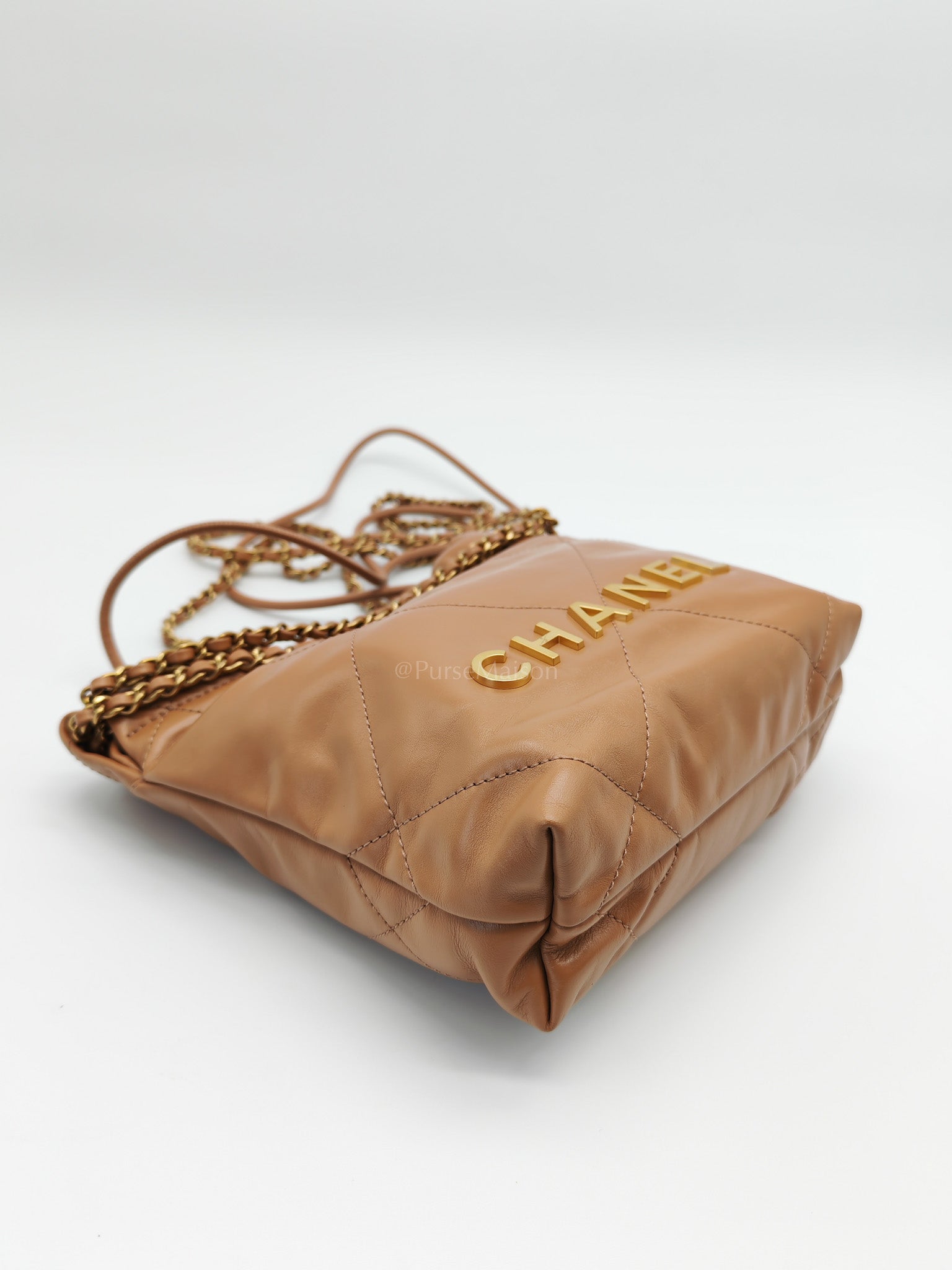 22 Mini in Caramel Shiny Calfskin Leather and Aged Gold Hardware (Microchip) | Purse Maison Luxury Bags Shop