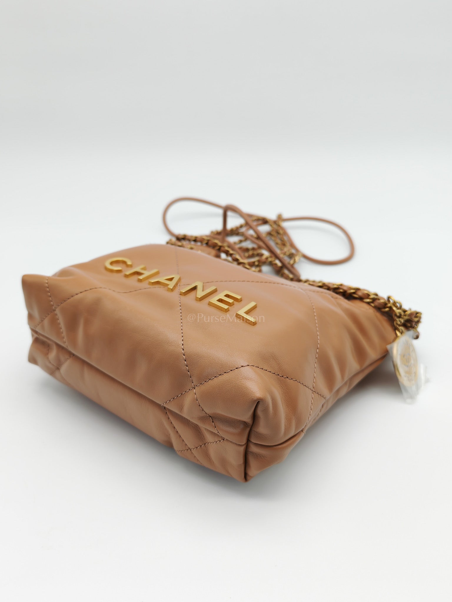 22 Mini in Caramel Shiny Calfskin Leather and Aged Gold Hardware (Microchip) | Purse Maison Luxury Bags Shop