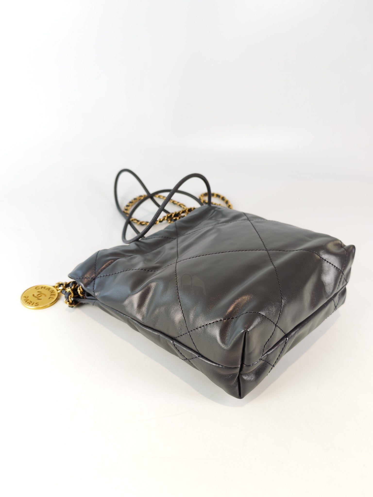 22 Mini in Dark Gray Calfskin Leather Aged Gold Hardware (Microchip) | Purse Maison Luxury Bags Shop