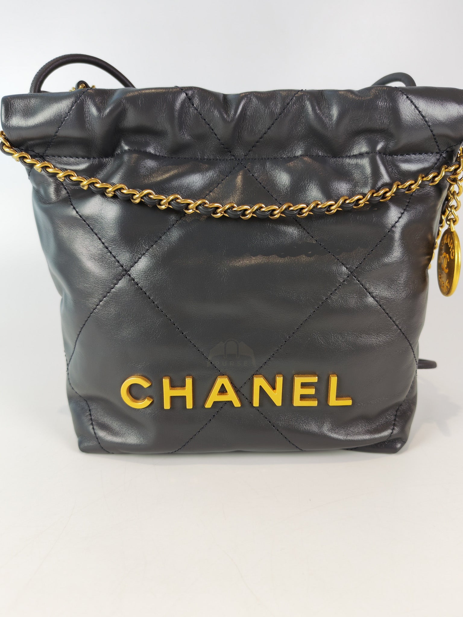 22 Mini in Dark Gray Calfskin Leather Aged Gold Hardware (Microchip) | Purse Maison Luxury Bags Shop