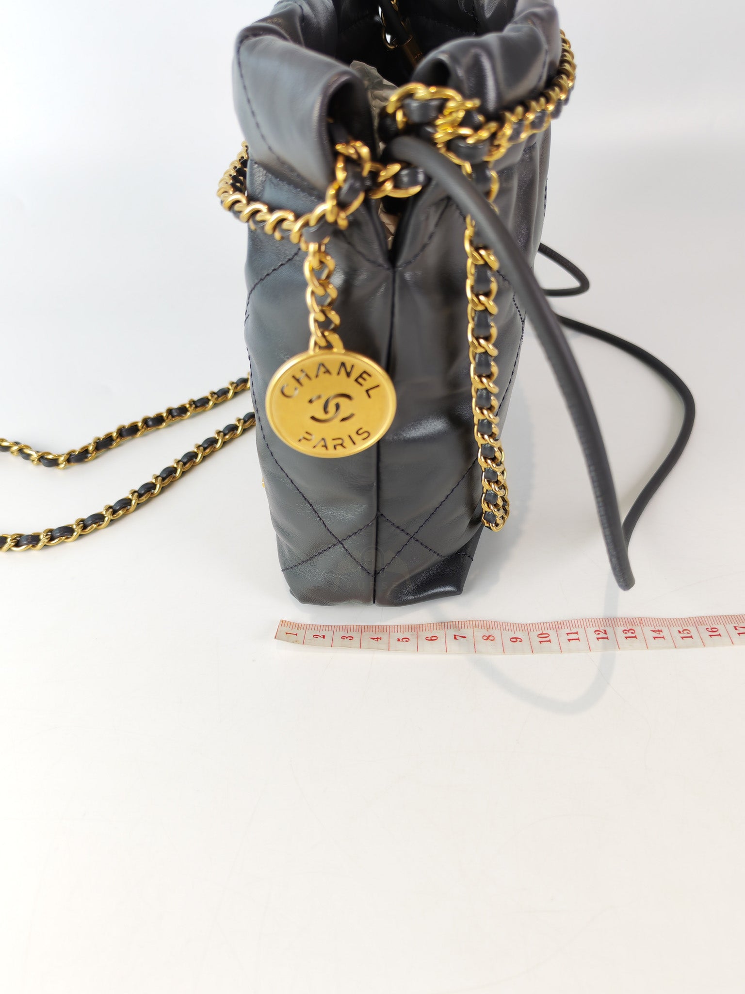 22 Mini in Dark Gray Calfskin Leather Aged Gold Hardware (Microchip) | Purse Maison Luxury Bags Shop