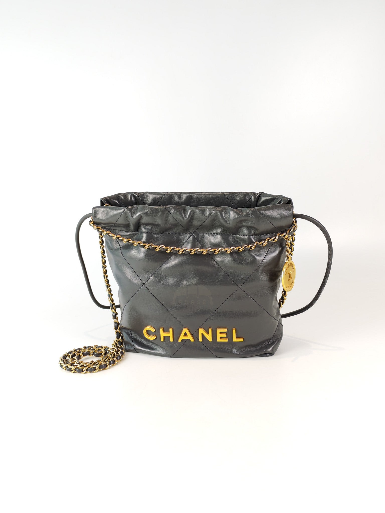 22 Mini in Dark Gray Calfskin Leather Aged Gold Hardware (Microchip) | Purse Maison Luxury Bags Shop