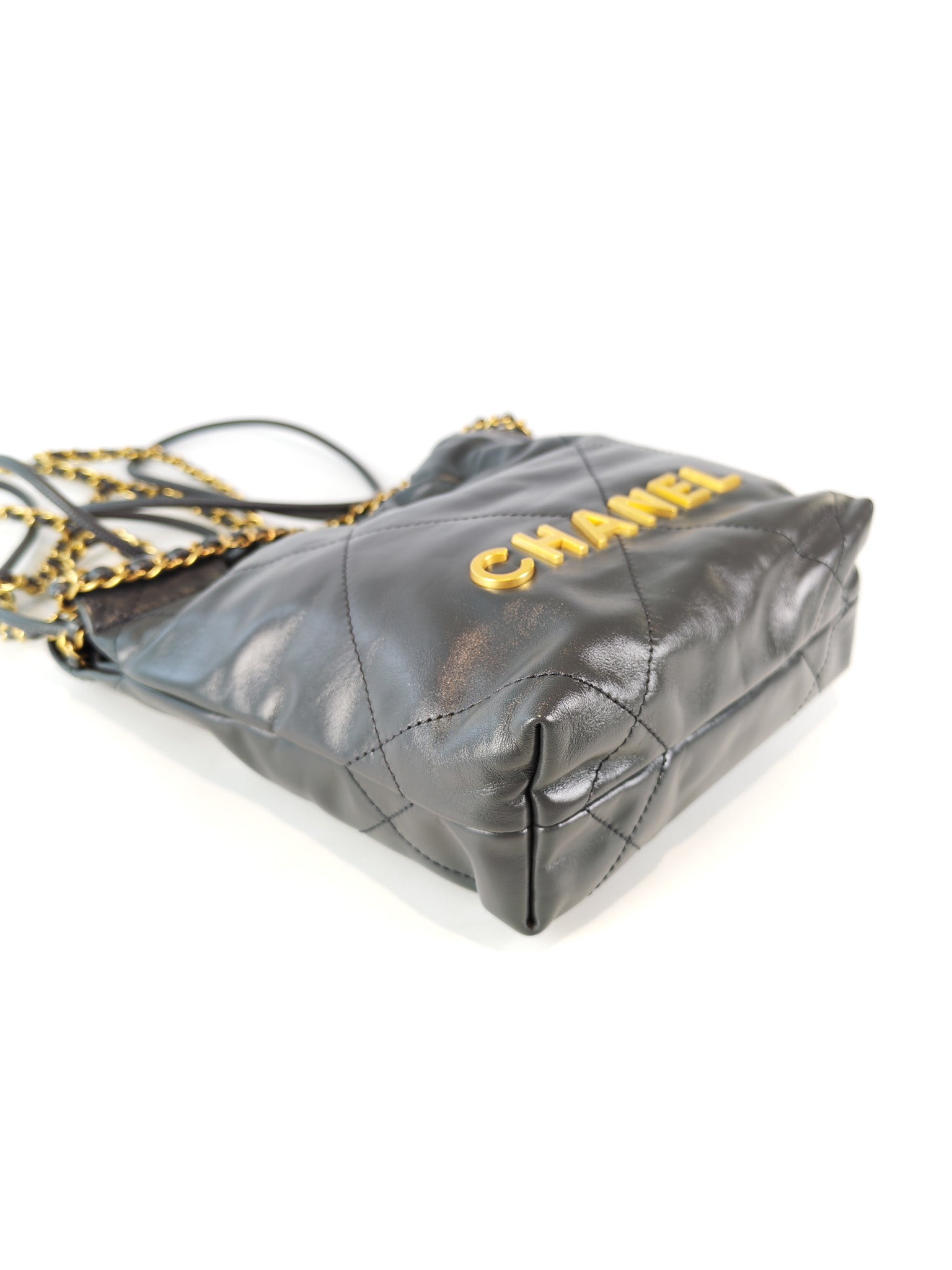 22 Mini in Dark Gray Calfskin Leather Aged Gold Hardware (Microchip) | Purse Maison Luxury Bags Shop