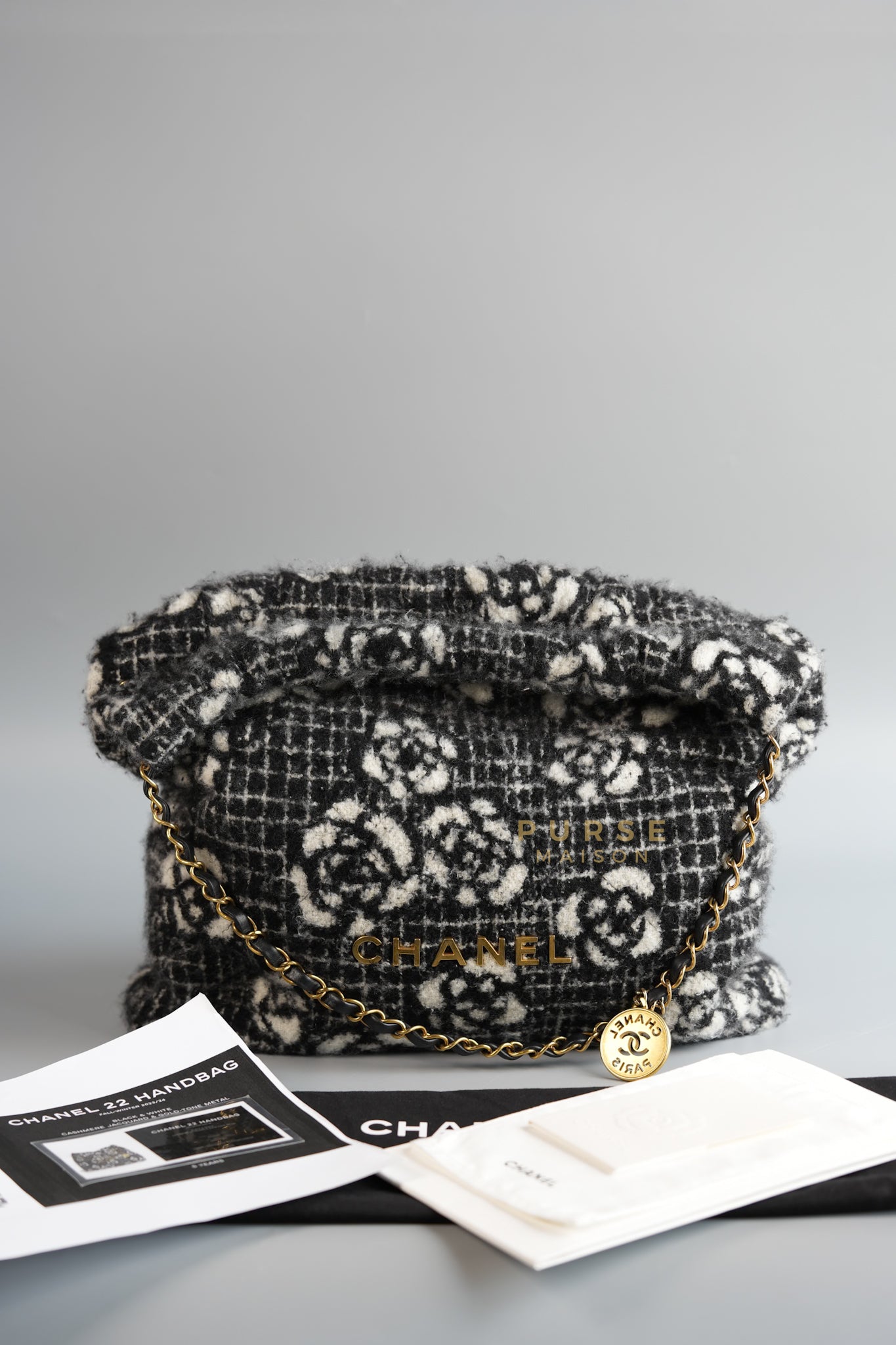 22 Small Camellia Tweed and Gold Hardware Hobo Bag (Microchip) | Purse Maison Luxury Bags Shop