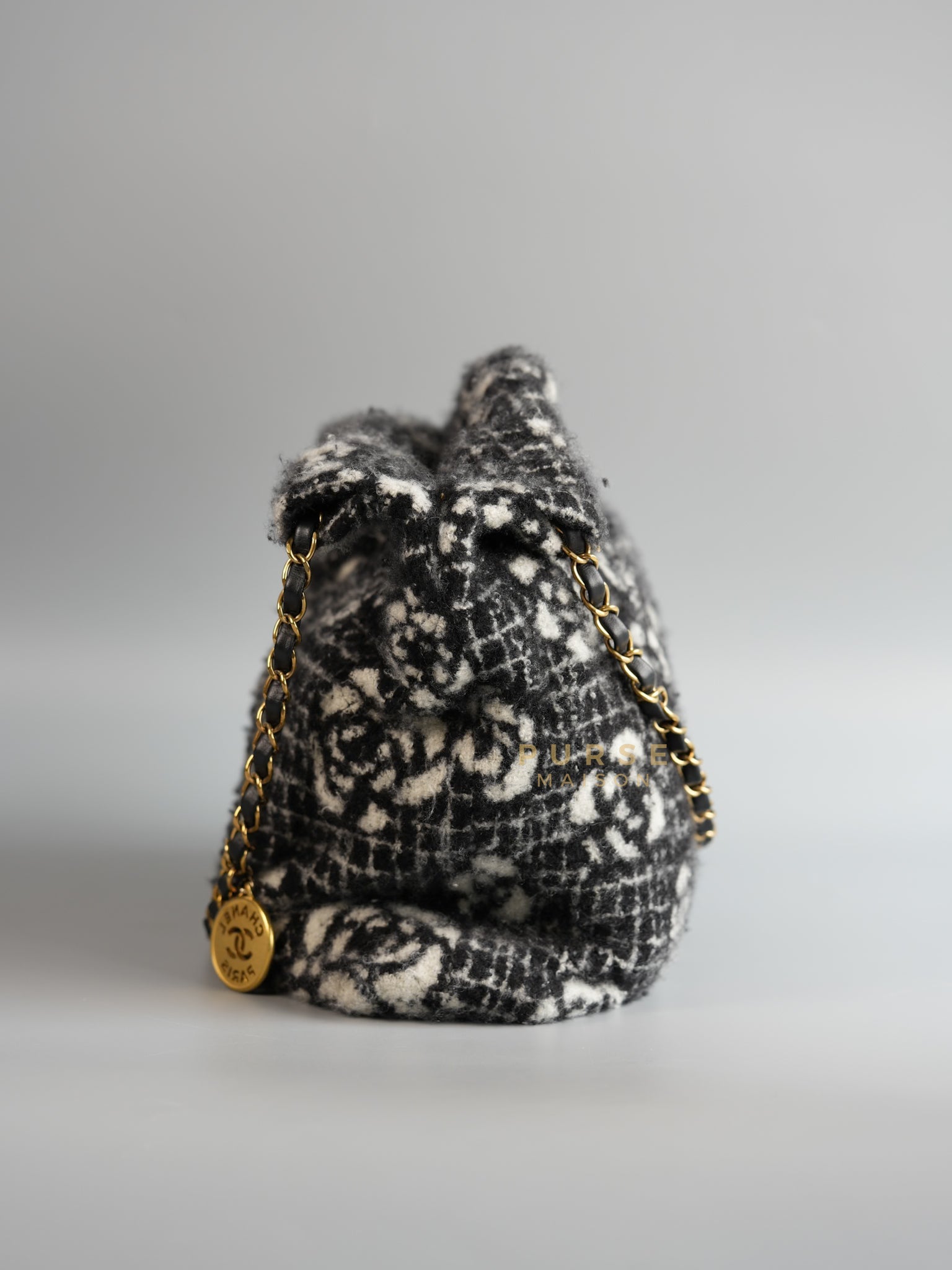 22 Small Camellia Tweed and Gold Hardware Hobo Bag (Microchip) | Purse Maison Luxury Bags Shop