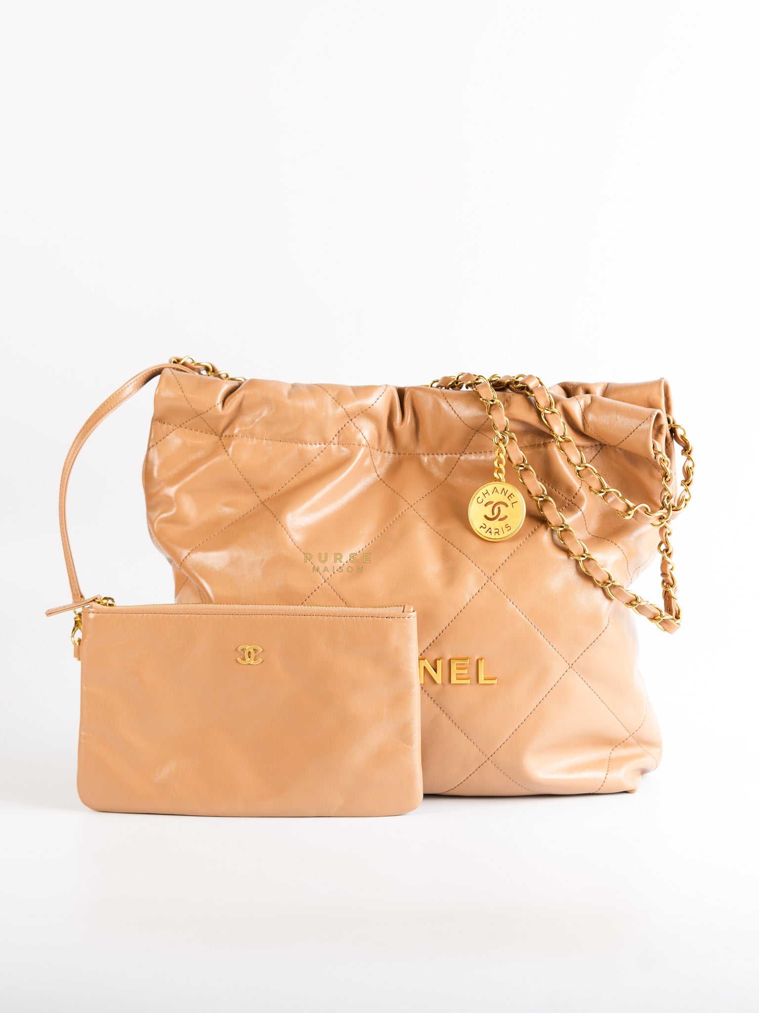 CC 22 Small in Beige Calfskin GHW (microchiped) | Purse Maison Luxury Bags Shop