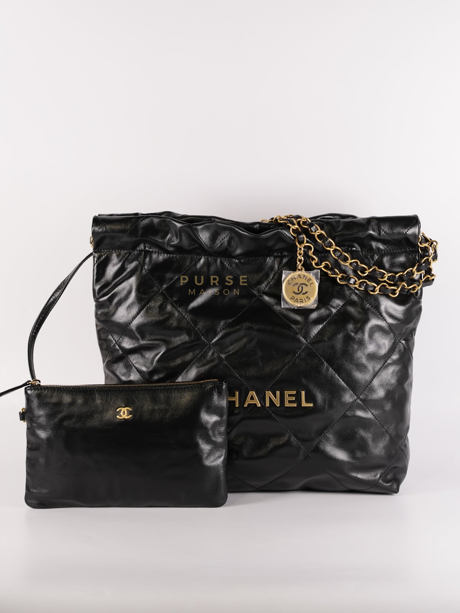 22 Small in Black Lambskin Leather and Aged Gold Hardware (Microchip) | Purse Maison Luxury Bags Shop